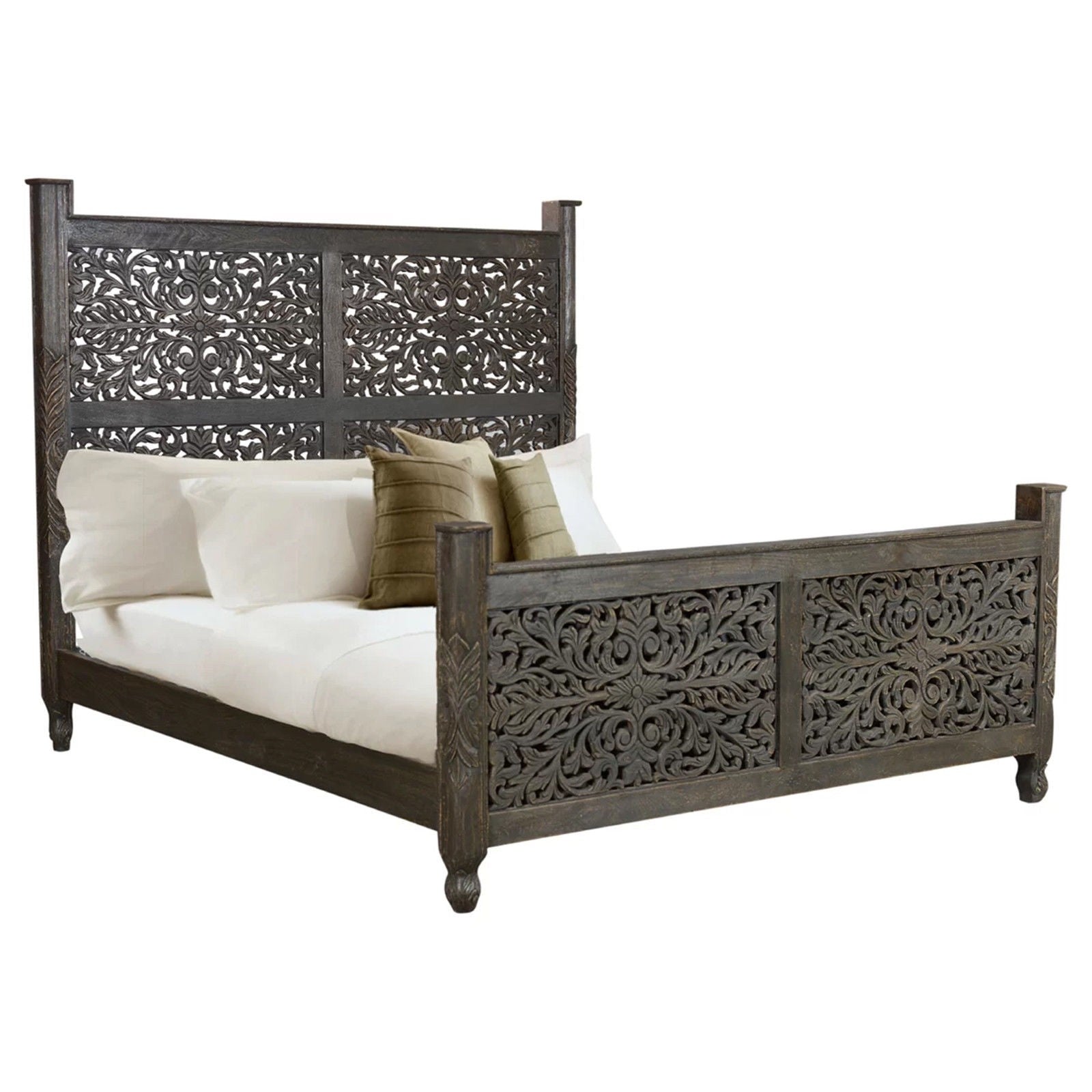 Hand Carved Solid Wood Indian Bed Frame in Chocolate Finish - Queen Size, Traditional Design for Bedroom Decor, Master Suite or Guest Room