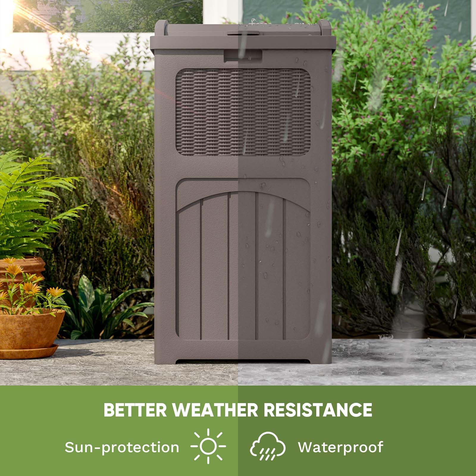 **Patiowell 36 Gallon Outdoor Trash Can with Lid - Heavy Duty Resin Garbage Bin for Patio, Backyard, Deck - Weatherproof & Durable - Dark Brown - Perfect for Outdoor Waste Management**    (Note: 
