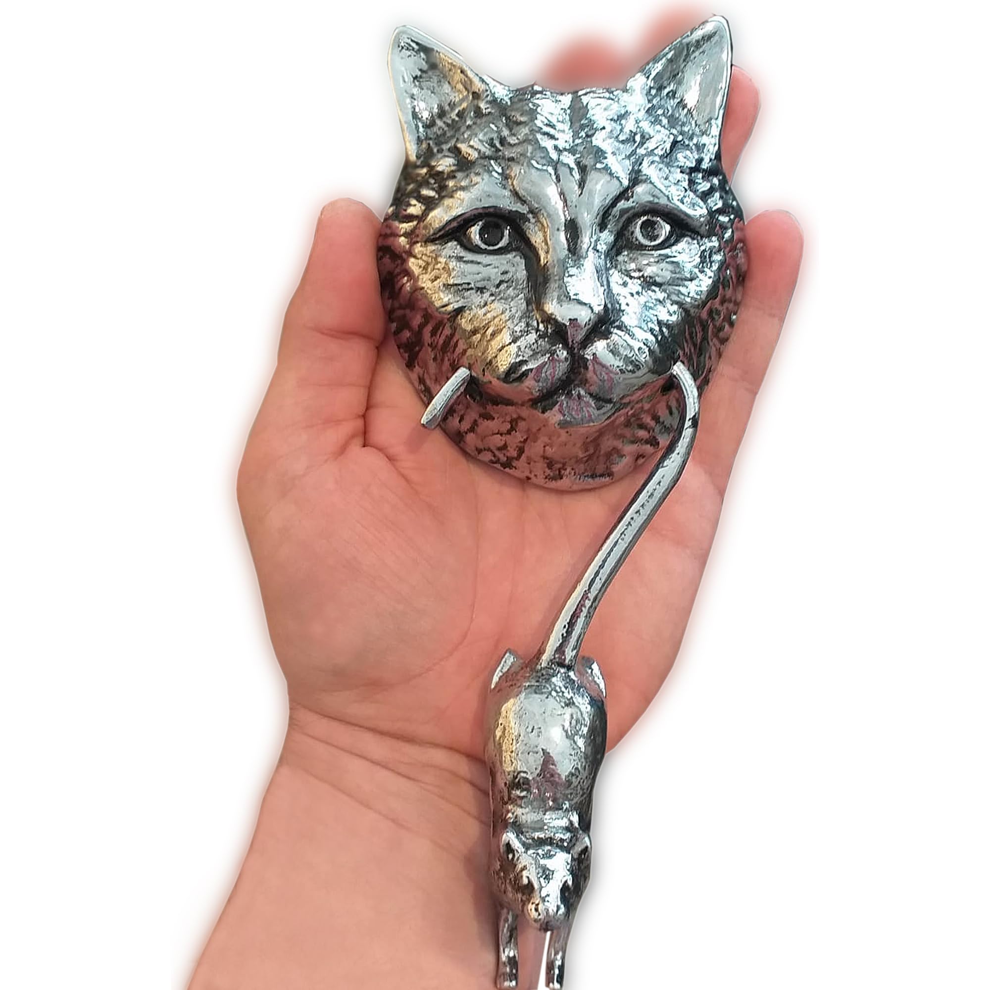 Vintage Cat and Mouse Door Knocker - Solid Brass 8.7 Inch Antique Silver Front Door Decor - Perfect for Victorian Homes, Farmhouse Entryways & Gift Giving