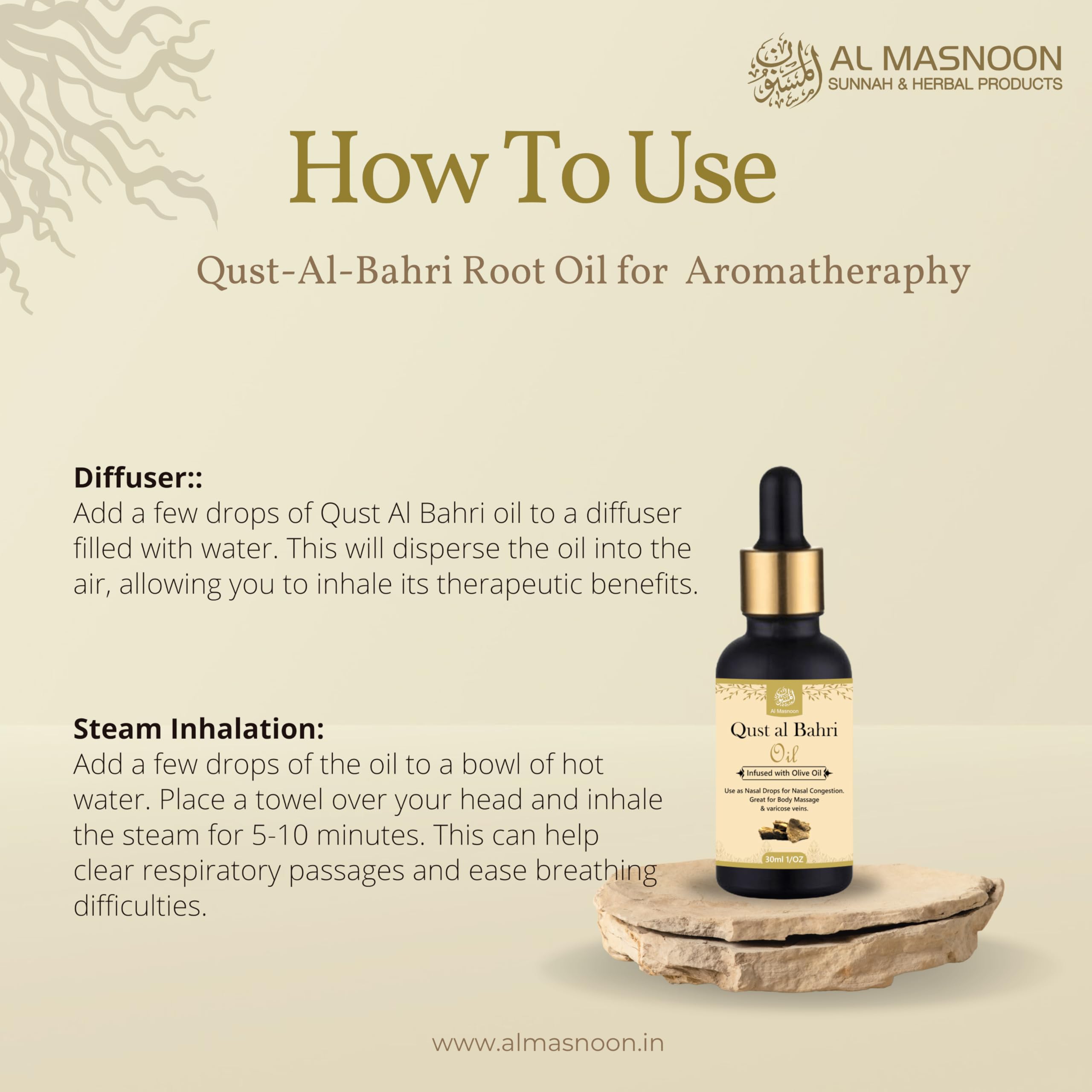 AL MASNOON Qust Al Bahri Oil - 100% Natural Herbal Remedy Infused with Olive Oil, 30ml (1 Pack) for Aromatherapy, Massage & Skin Care