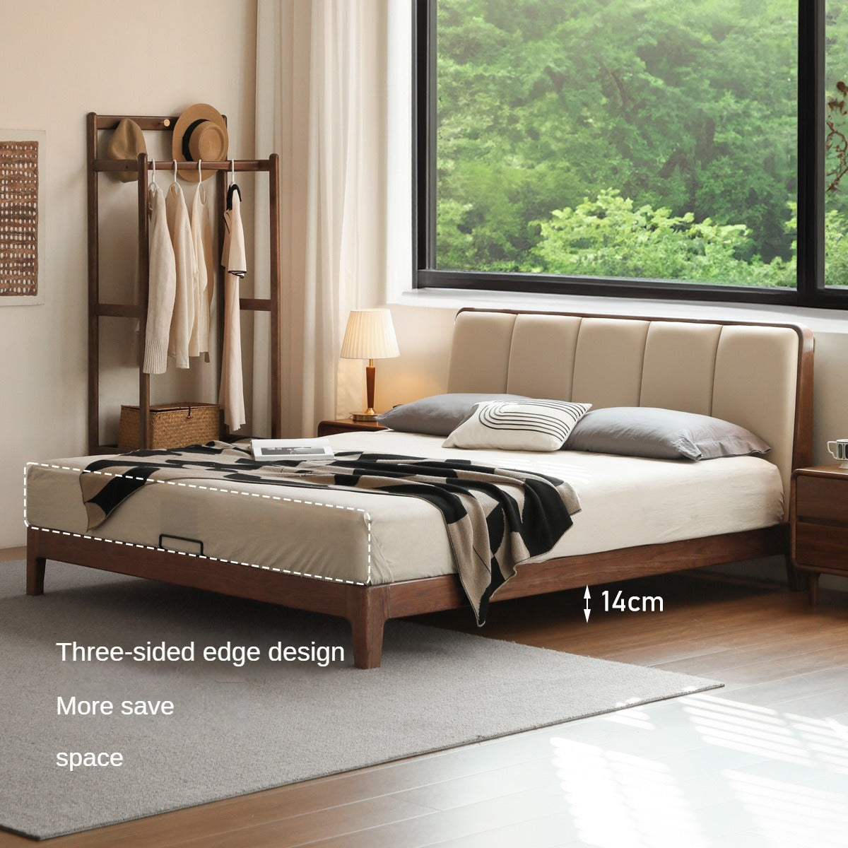 Solid Oak Wood Modern Platform Bed with Upholstered Headboard - Stylish and Durable Bedroom Furniture for Contemporary Homes