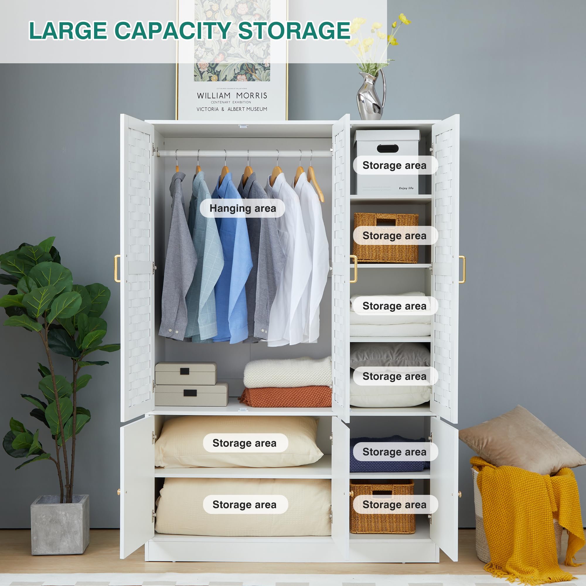 LEVNARY 6-Door Woven Wardrobe Closet - White Freestanding Armoire Cabinet with Adjustable Shelves & Hanging Rail | High Capacity Storage Organizer for Bedroom, Closet & Dorm Room Organization