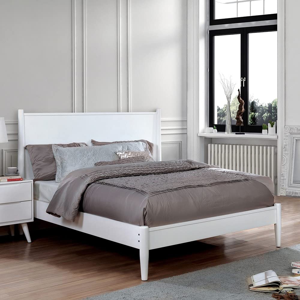 Queen-Size Mid-Century Modern Wood Paneled Platform Bed Frame - Grey Wooden Bed with Storage Space | Perfect for Contemporary Bedrooms, Guest Rooms & Small Apartments