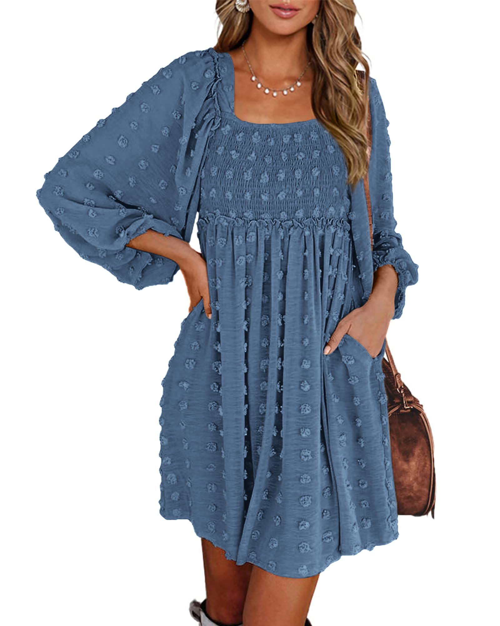 BTFBM Women's Floral Swiss Dot Smocked Mini Dress - Square Neck Long Sleeve Boho Wedding Guest Dress for Spring & Summer 2025 | Perfect for Garden Parties, Bridal Showers & Date Nights