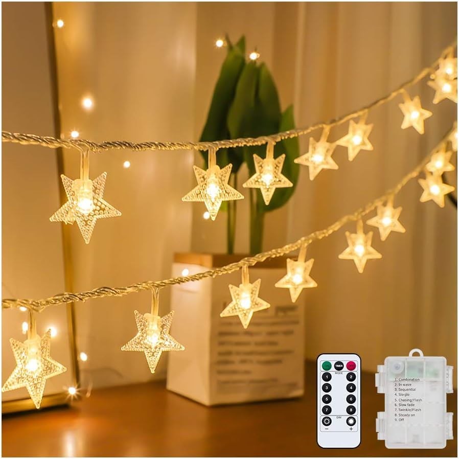 Brightown 50 LED Star String Lights - 17 ft Battery Operated Fairy Lights with Remote & Timer, 8 Lighting Modes, Waterproof for Indoor Outdoor Use - Perfect for Bedroom, Tent, Loft, Patio, Wedding & Party Decor (Warm White)