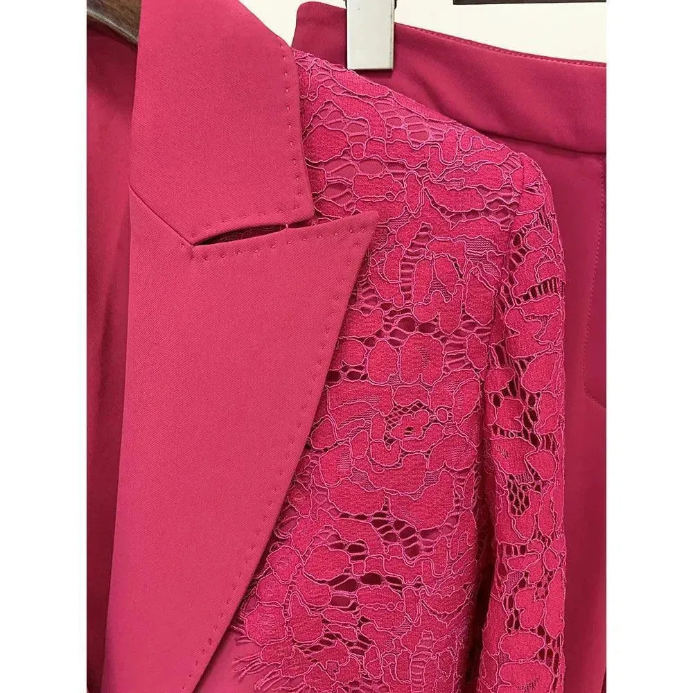 Elegant Lace Patchwork Women's Pant Suit Set with Flared Pants - Formal Office Wear & Evening Party Outfit