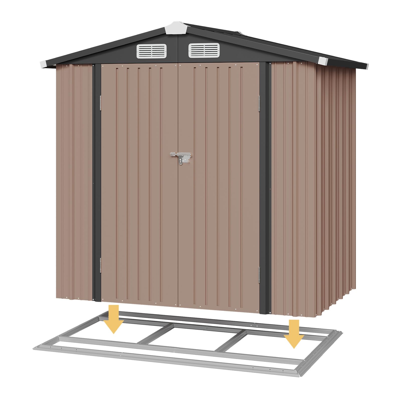 Aoxun 6x3.9 FT Outdoor Storage Shed with Metal Base - Lockable Garden Shed for Tools, Bikes & Backyard Storage | Durable Brown Weather-Resistant Shed for Patio, Poolside & Yard Organization