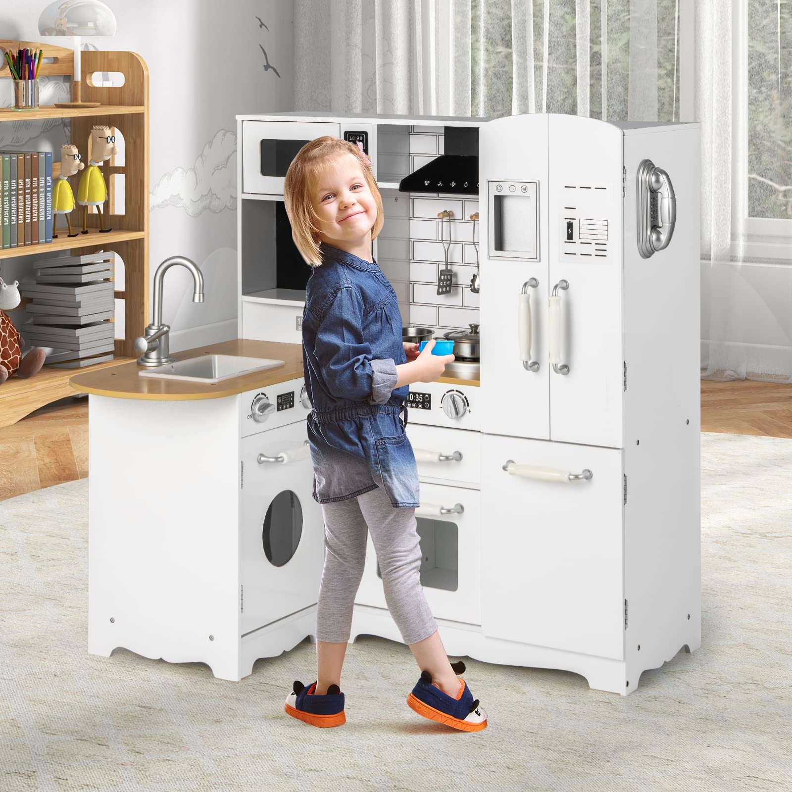 HONEY JOY Wooden Play Kitchen Set for Toddlers - Pretend Play Toy with Microwave, Refrigerator, Water Dispenser & Cookware - Little Chef Role Play Kitchen for Boys & Girls - Perfect for Home, Preschool & Daycare Pretend Cooking Activities