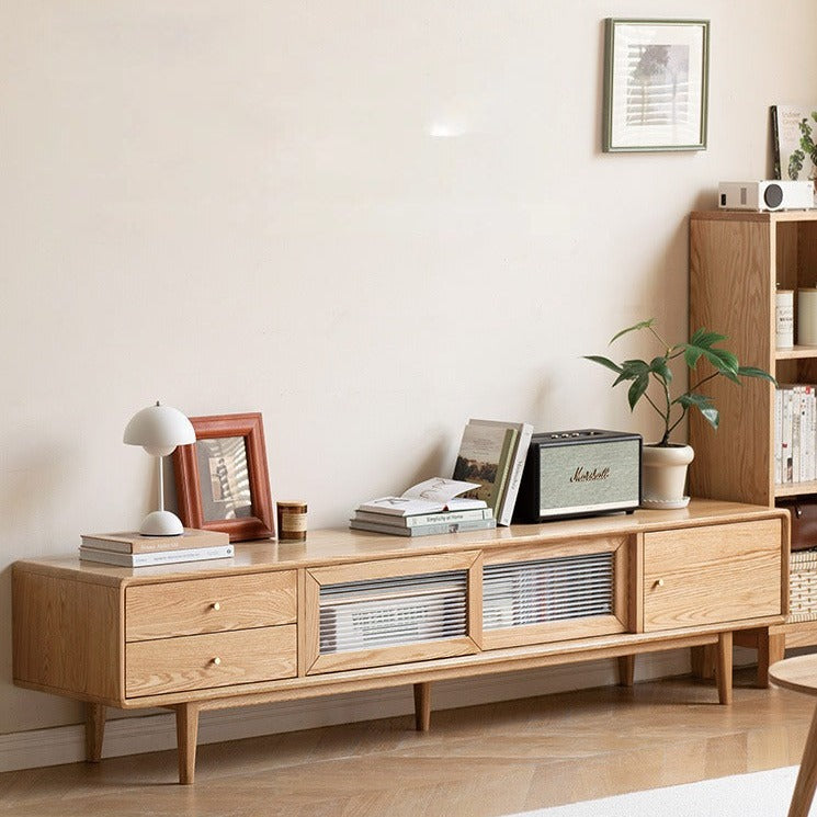 Solid Oak Wood TV Stand with Sliding Doors - Modern Entertainment Center for Living Room, Bedroom & Home Theater