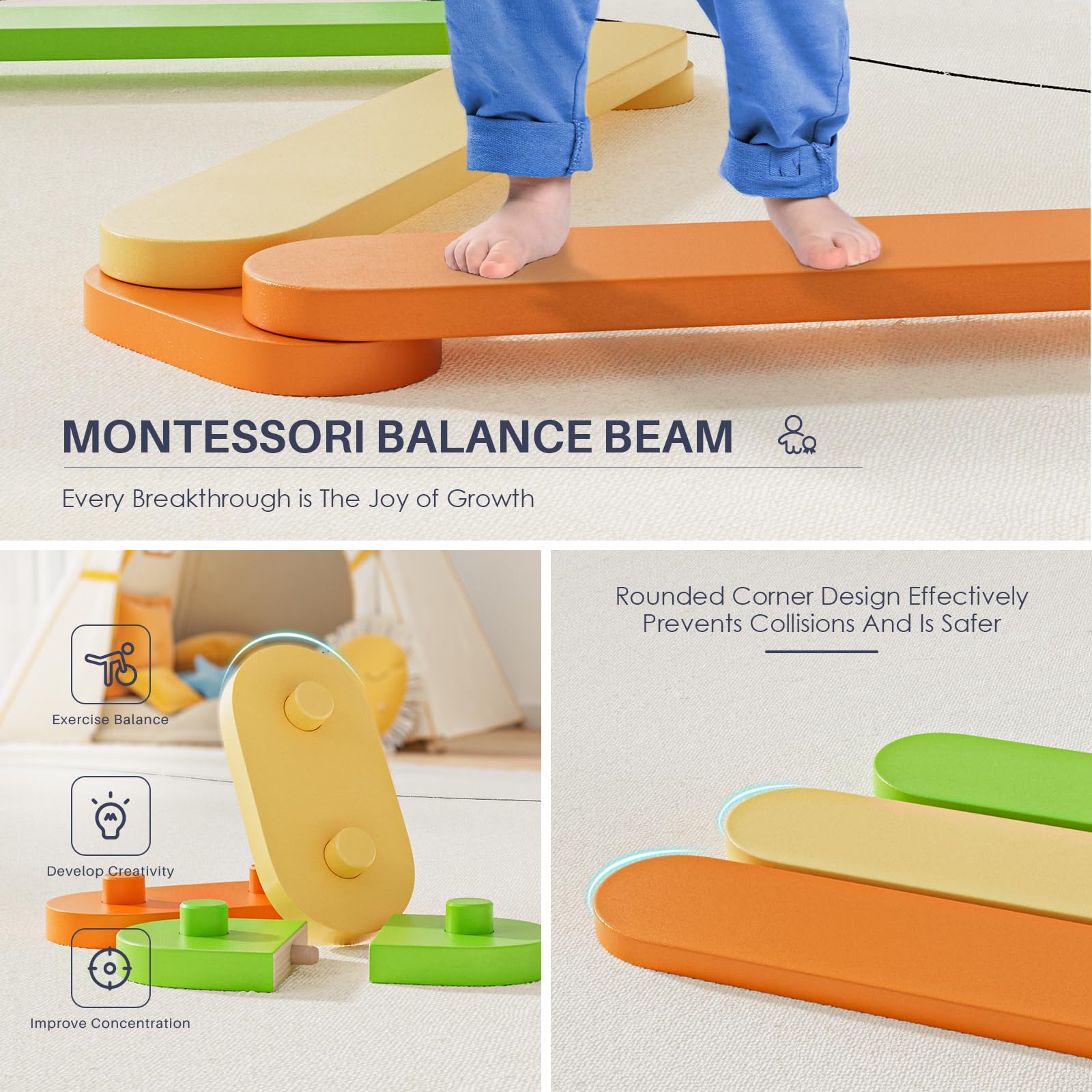 BlueWood Kids Balance Beam for Toddlers 3-5 Years - Sensory Wooden Stepping Stones for Coordination & Motor Skills Development - Perfect for Gymnastics Training, Indoor Play & Preschool Obstacle Courses