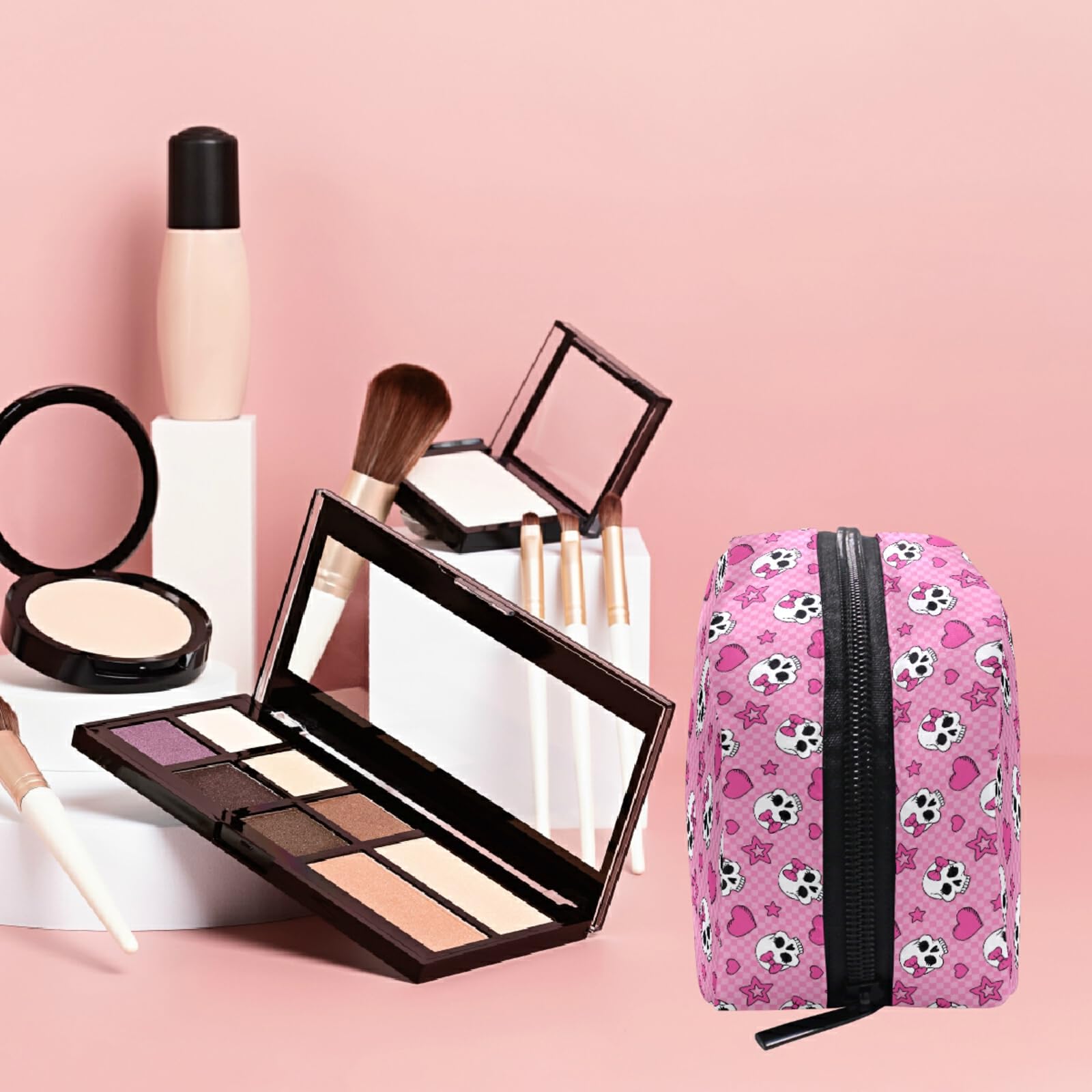 Pink Skull Makeup Bag for Women - Travel Cosmetic Organizer with Compartments | Perfect for Girls' Toiletries & Travel Essentials