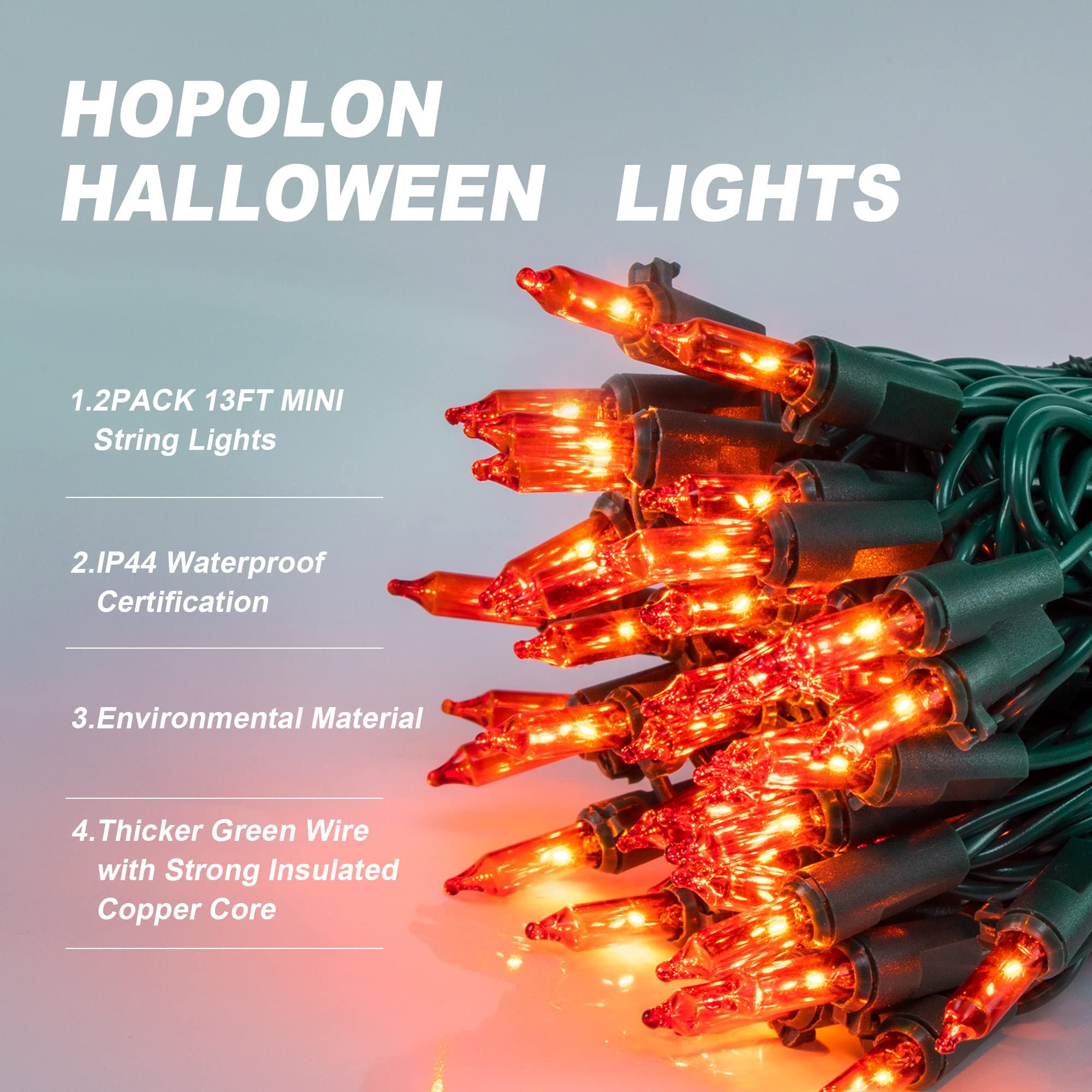 2-Pack 13ft Orange Halloween String Lights - 50 LED Waterproof Fall Lights with Green Wire, UL Certified 120V Plug - Perfect for Spooky Party Decor, Thanksgiving, Outdoor & Indoor Halloween Lighting