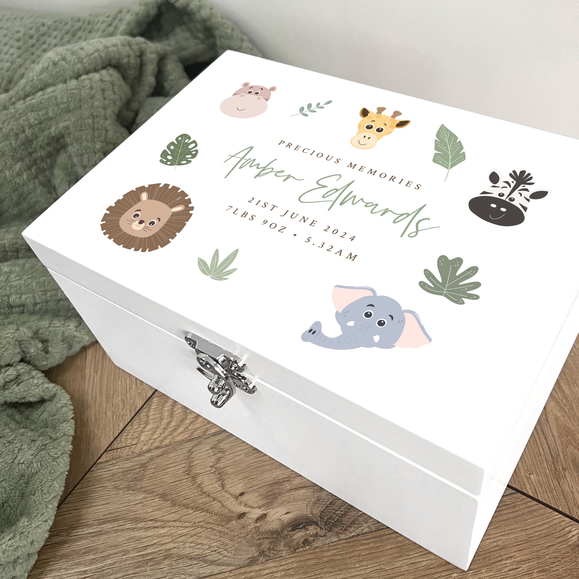 Personalized Jungle Animals Baby Keepsake Memory Box - Handcrafted White Wooden Gift Box for Newborns (3 Sizes: 22cm, 27cm, 30cm) - Perfect for Baby Showers, Christenings & 1st Birthday Gifts