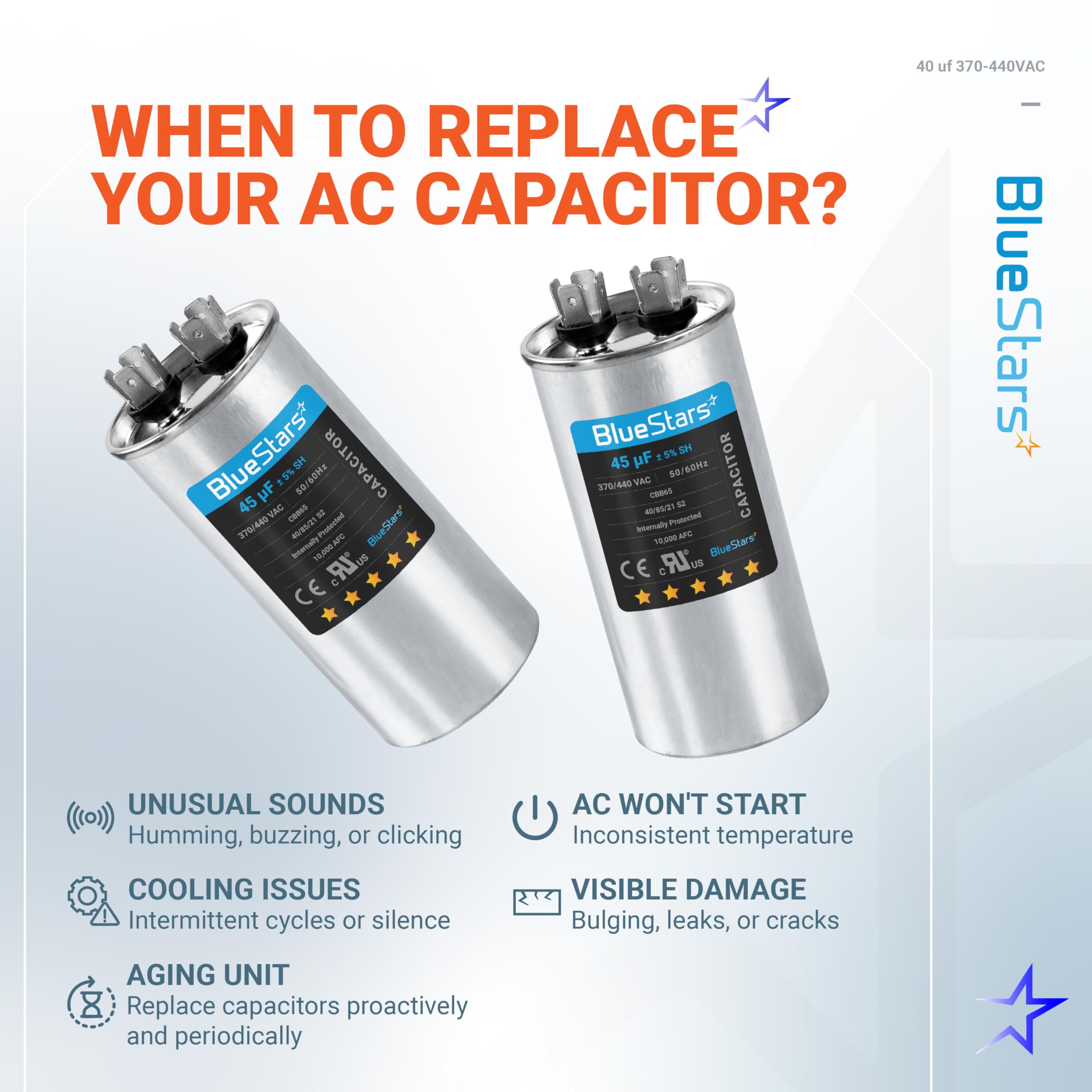 45uF 370-440VAC Round Run Start Capacitor Replacement - Exact Fit for AC Motor, Fan, Heat Pump & Air Conditioner - HVAC System, Cooling Unit & Appliance Repair Part