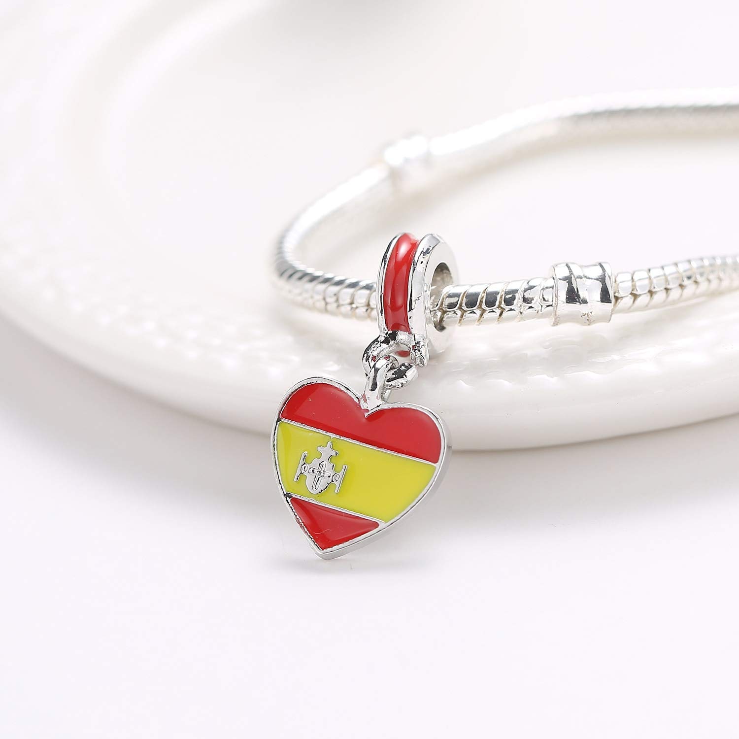 DIY European Beads Spain Flag Pendant Charms - Heart Shape Oil Plated Beads for Jewelry Making - Fit Original Bracelets - Perfect for Handmade Gifts, Friendship Bracelets & Craft Projects