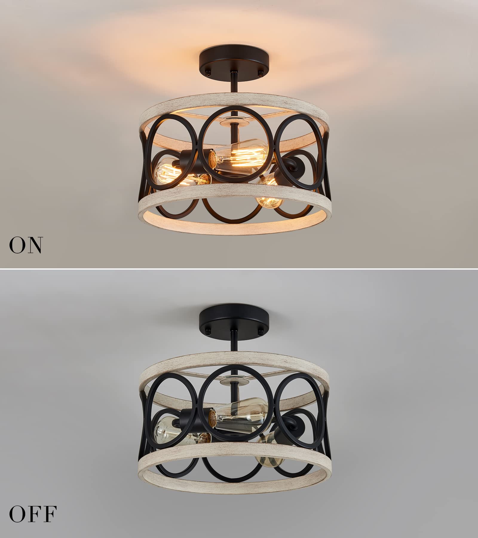 3-Lights Modern Farmhouse Ceiling Light Fixture - Black & White Birch Finish Round Metal Flush Mount Lighting - Perfect for Kitchen, Dining Room, Bedroom, Entryway & Corridors - Energy Efficient LED Compatible - Rustic Home Decor Lighting Solution