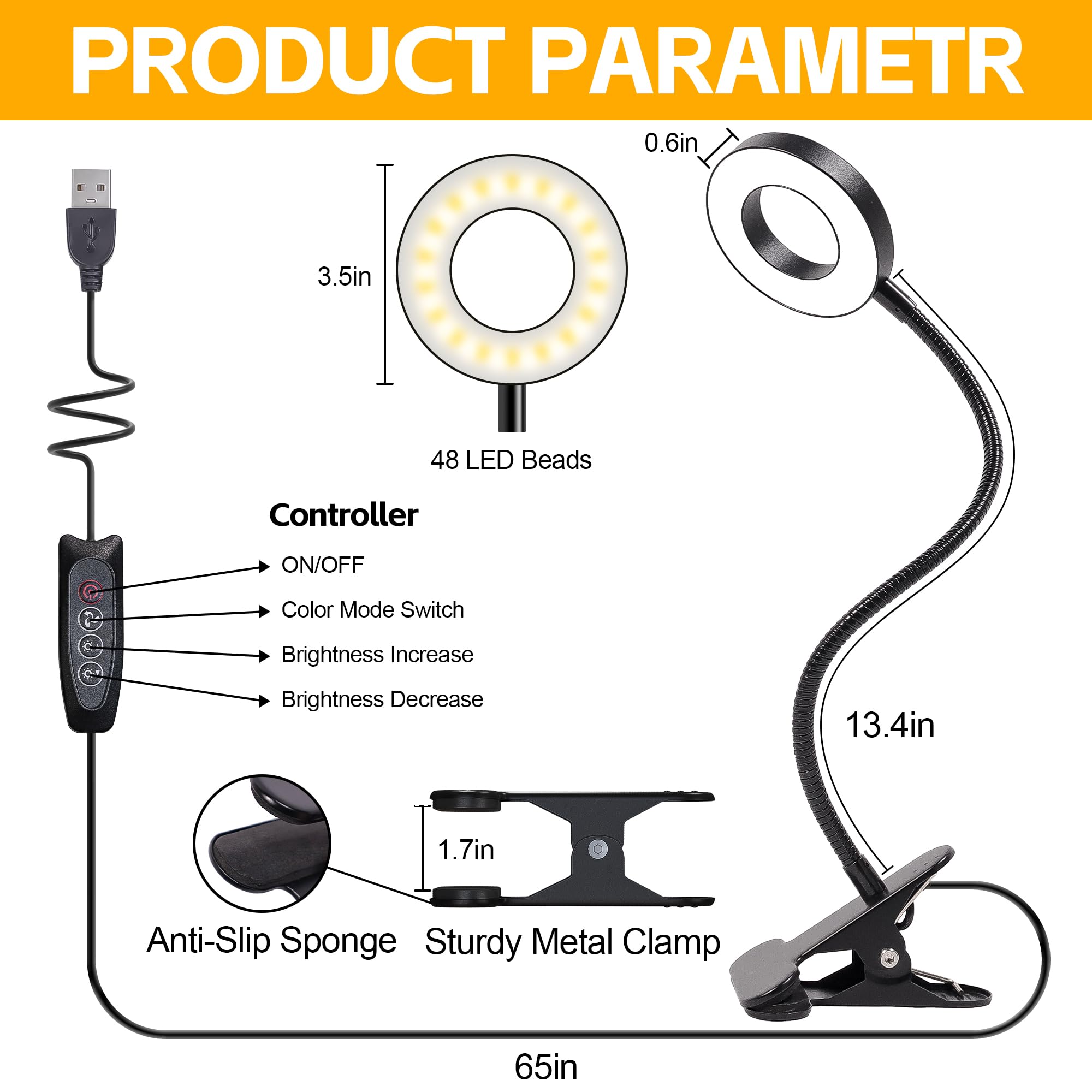 Foneso 48 LED USB Clip On Desk Lamp - 3 Color Modes & 10 Brightness Levels, 360° Adjustable Gooseneck Eye Protection Light for Reading, Studying, Makeup, Office Work, and Nightstand Use
