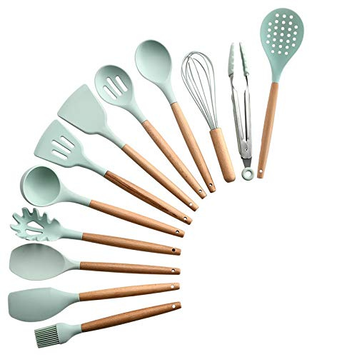 12-Piece Silicone Kitchen Utensil Set with Wooden Handle - Non-Slip Heat Resistant Cooking Tools for Baking, Frying & Stirring (Gold) - Perfect for Home Chefs & Gift Giving