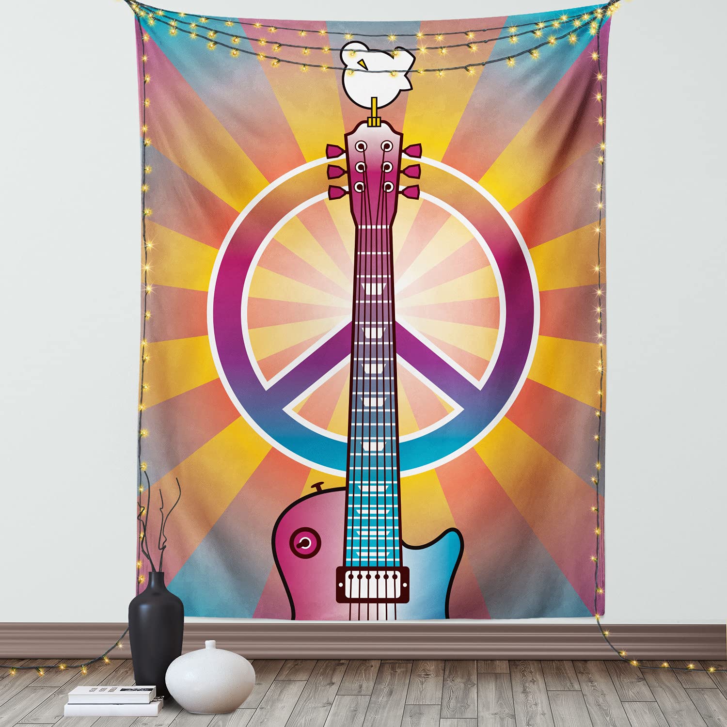 Ambesonne Retro Tapestry Wall Hanging - Colorful Guitar with Peace Dove Woodstock Tribute Design - 60x80 Inch Multicolor Bohemian Decor for Bedroom, Living Room, Dorm - Perfect for Music Lovers & Hippie Style Home Decor