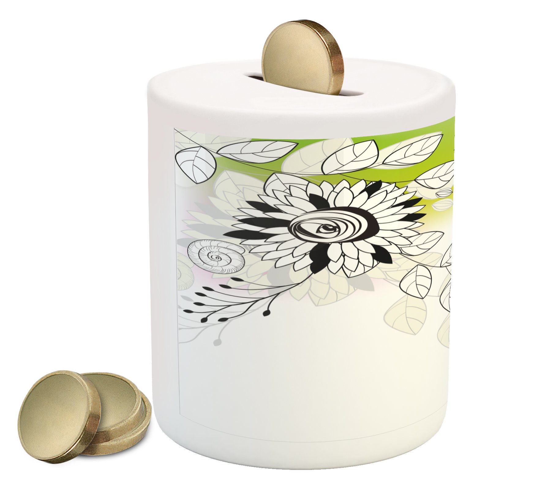 Ambesonne Ceramic Piggy Bank with Wild Flower Garden Design - Hand-Painted Floral Snails, Twigs & Leaves - Money Saving Box for Cash & Coins - Perfect for Kids Room, Home Decor & Gift Giving (Black Eggshell Green)