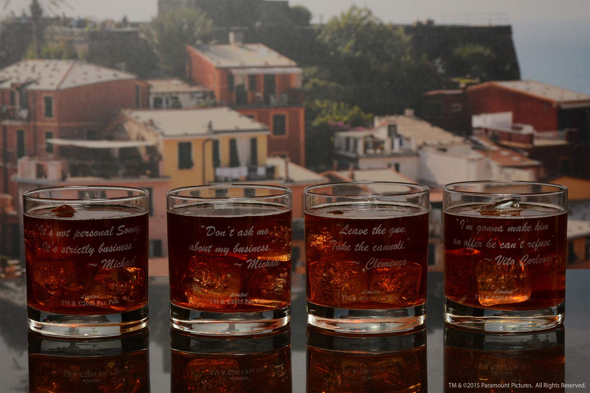 Official Godfather Etched Whiskey Glass Set with Logo & 4 Unique Quotes - 11oz Premium Handcrafted Rocks Glasses for Bourbon, Scotch & Cocktails - Perfect Gift for Movie Fans & Whiskey Lovers