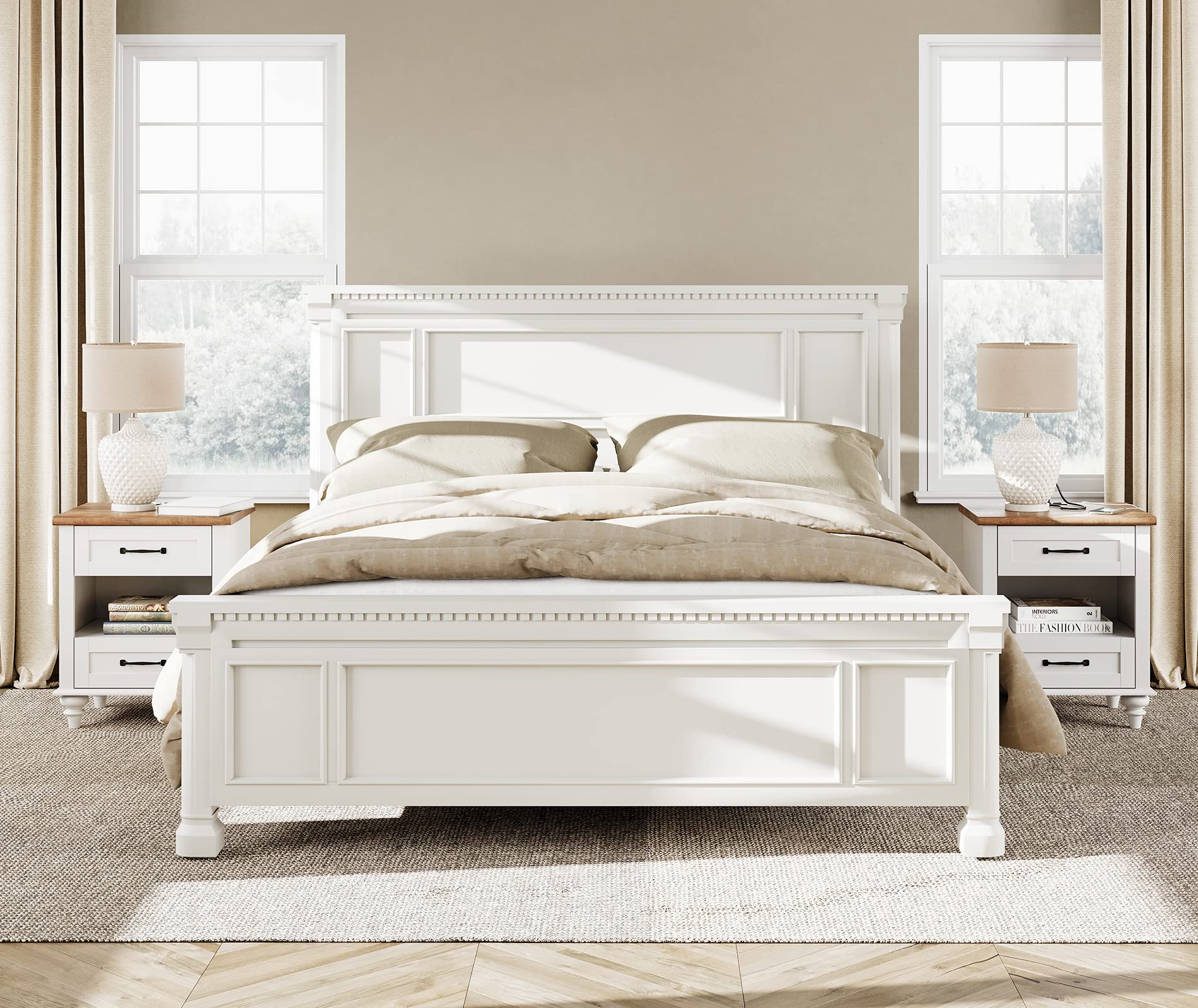 Mid-Century Modern 3-Piece Dresser & Nightstand Set for Bedroom - 6-Drawer Dresser with 2 End Tables (Drawers & Open Shelf) - White - Perfect for Master Bedroom, Guest Room & Apartment Furniture