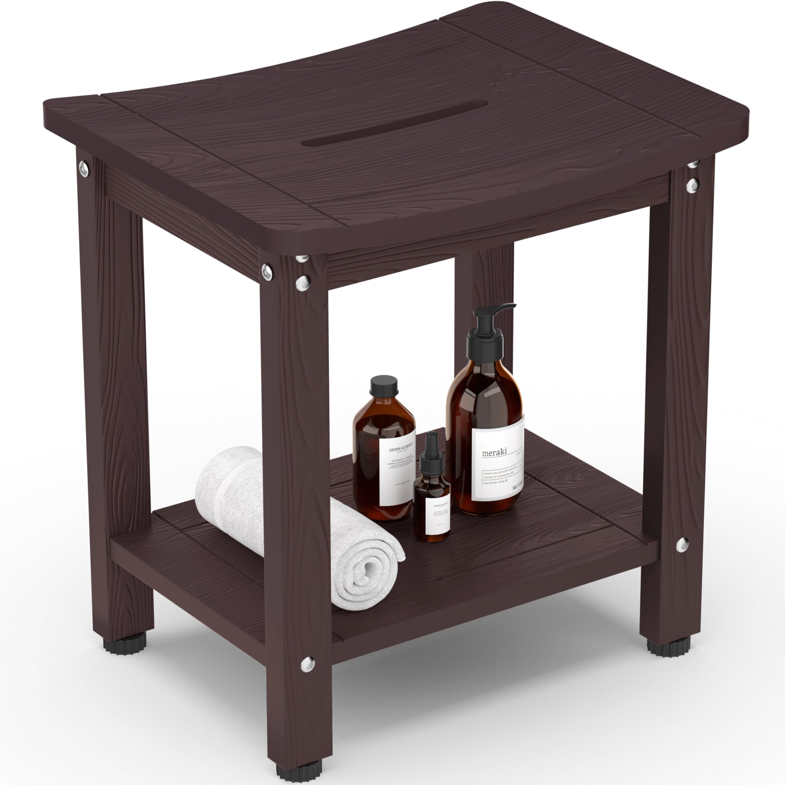 Y&M Shower Bench for Elderly & Disabled - Waterproof HDPE Shower Seat with Storage Shelf - Indoor & Outdoor Bathroom Shower Chair for Sitting & Resting - Espresso - Perfect for Seniors, Post-Surgery Recovery & Spa Relaxation