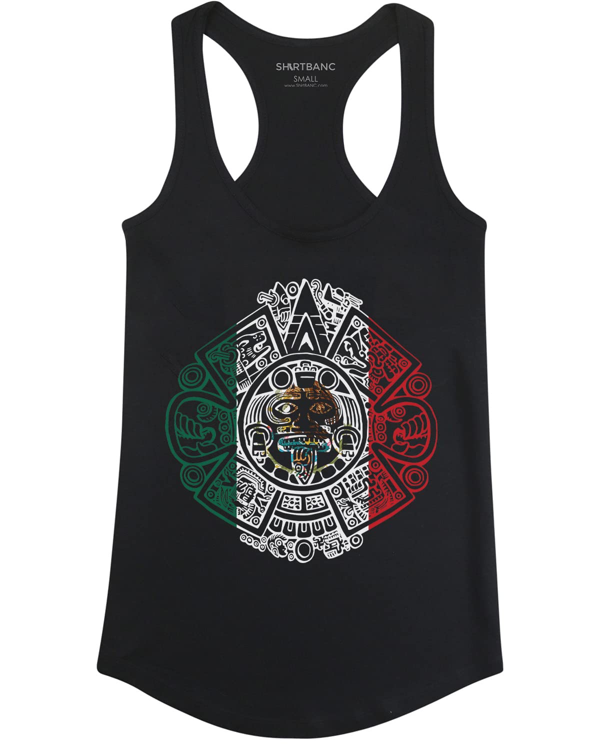ShirtBANC Women's Mexican Flag Shirt with Aztec Calendar Design - Stylish Aztec Print Tank Top for Cinco de Mayo, Hispanic Heritage Month & Summer Festivals