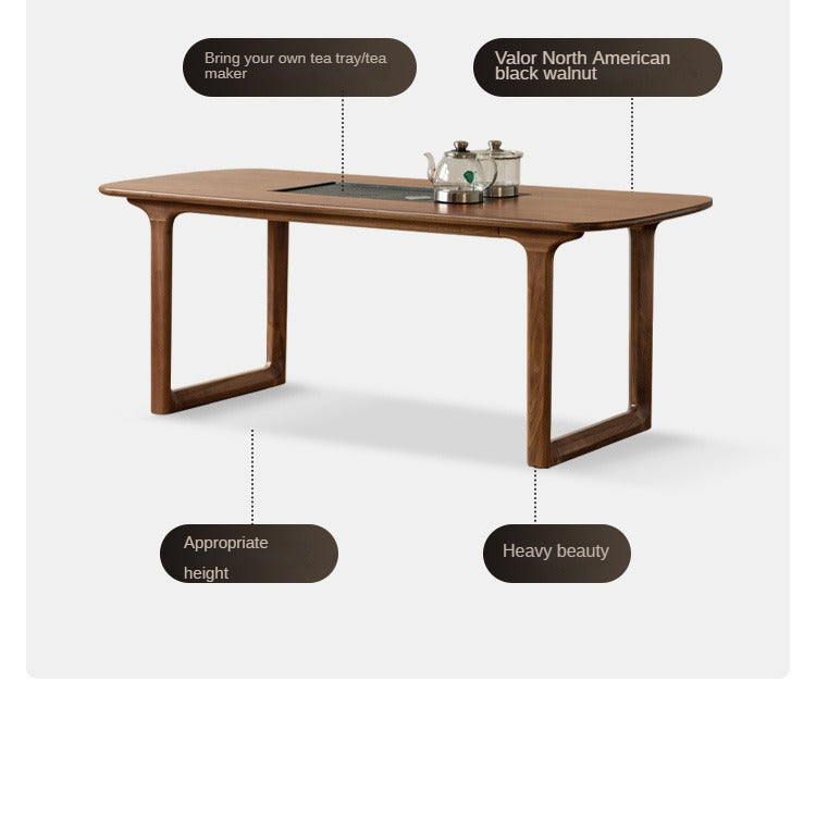 Premium Black Walnut Solid Wood Tea Table with Integrated Tray - Handcrafted Tea Serving Set for Living Room, Zen Meditation & Japanese Tea Ceremony