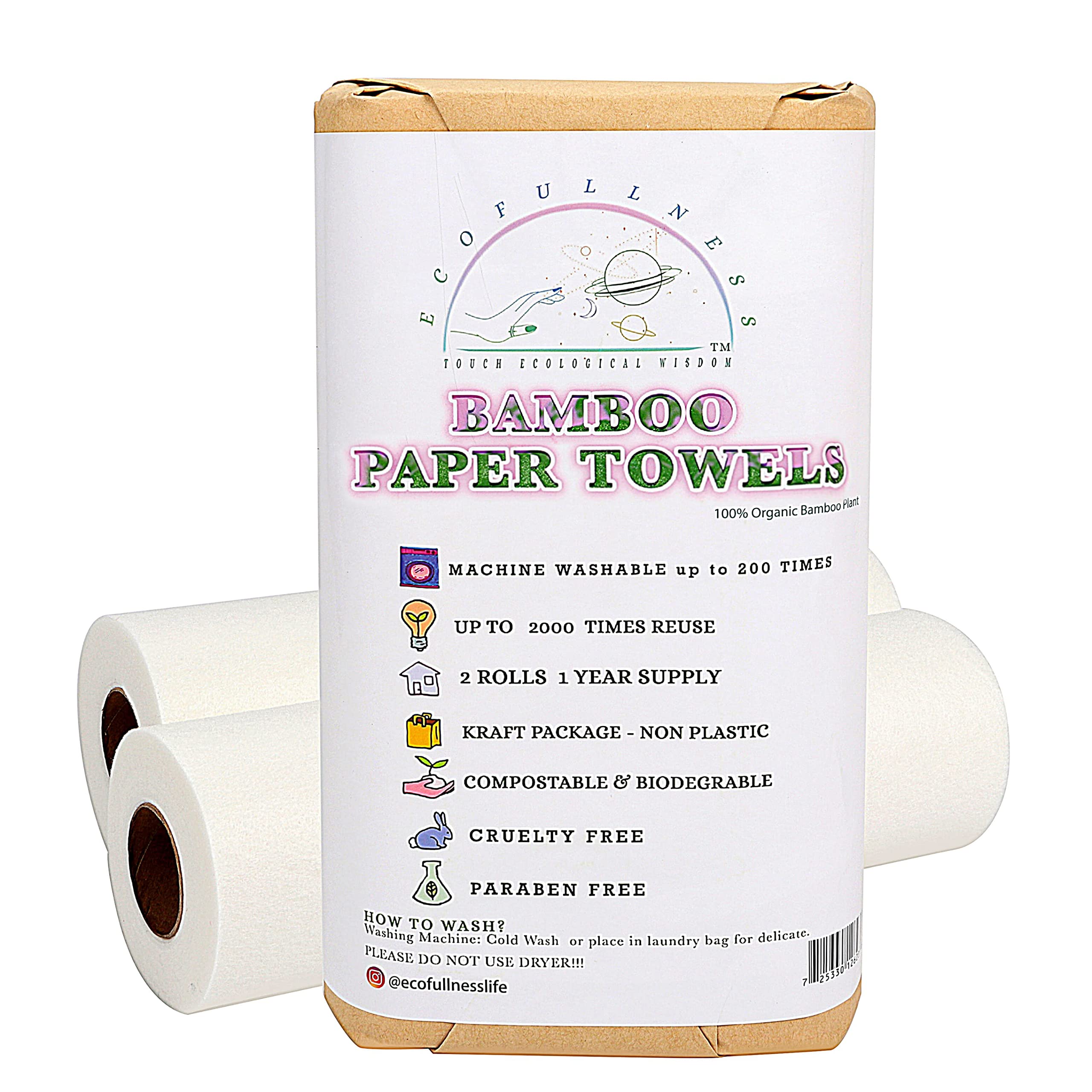 Eco-Friendly Bamboo Paper Towels - Washable & Reusable Kitchen Towels (2 Rolls, 40 Sheets) | Sustainable Zero Waste Alternative to Paper Towels | Lasts 1 Year & 2000 Uses | Perfect for Cleaning, Spills & Eco-Conscious Homes