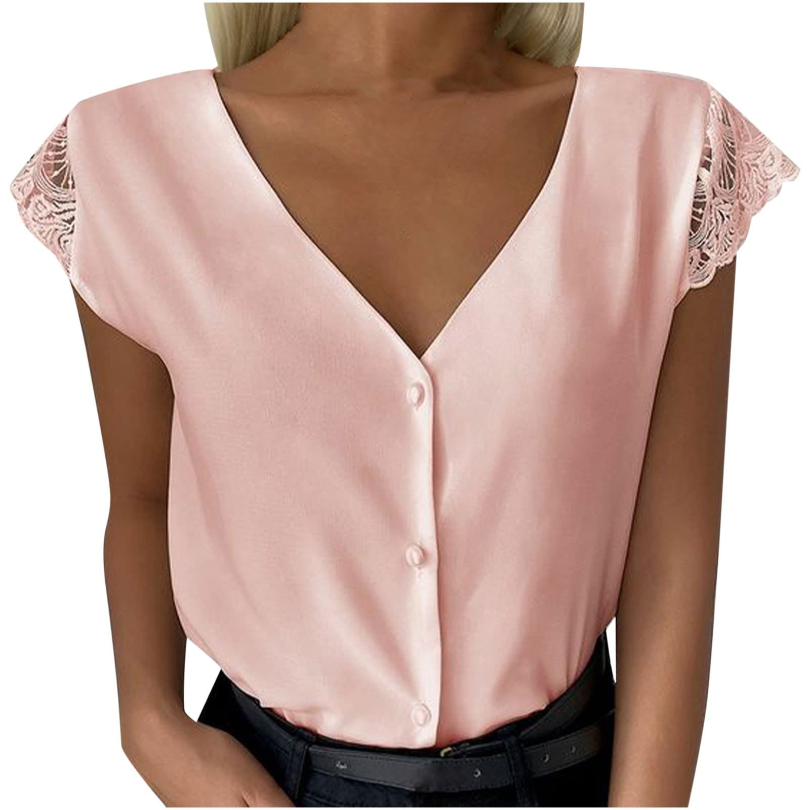Women's Lace Short Sleeve V-Neck T-Shirt - Sexy Backless Button Down Tunic Top with Lace Trim | Perfect for Summer Casual Wear, Date Nights & Beach Outfits