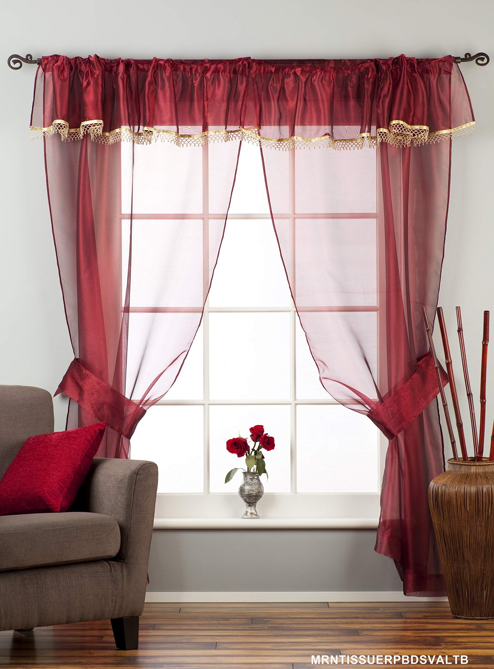 Indian Selections Maroon Rod Pocket Sheer Tissue Curtain with Beaded Valance Panel & Tieback - 60 Inches Wide x 96 Inches Long - Elegant Window Drapes for Living Room, Bedroom & Dining Room Decor