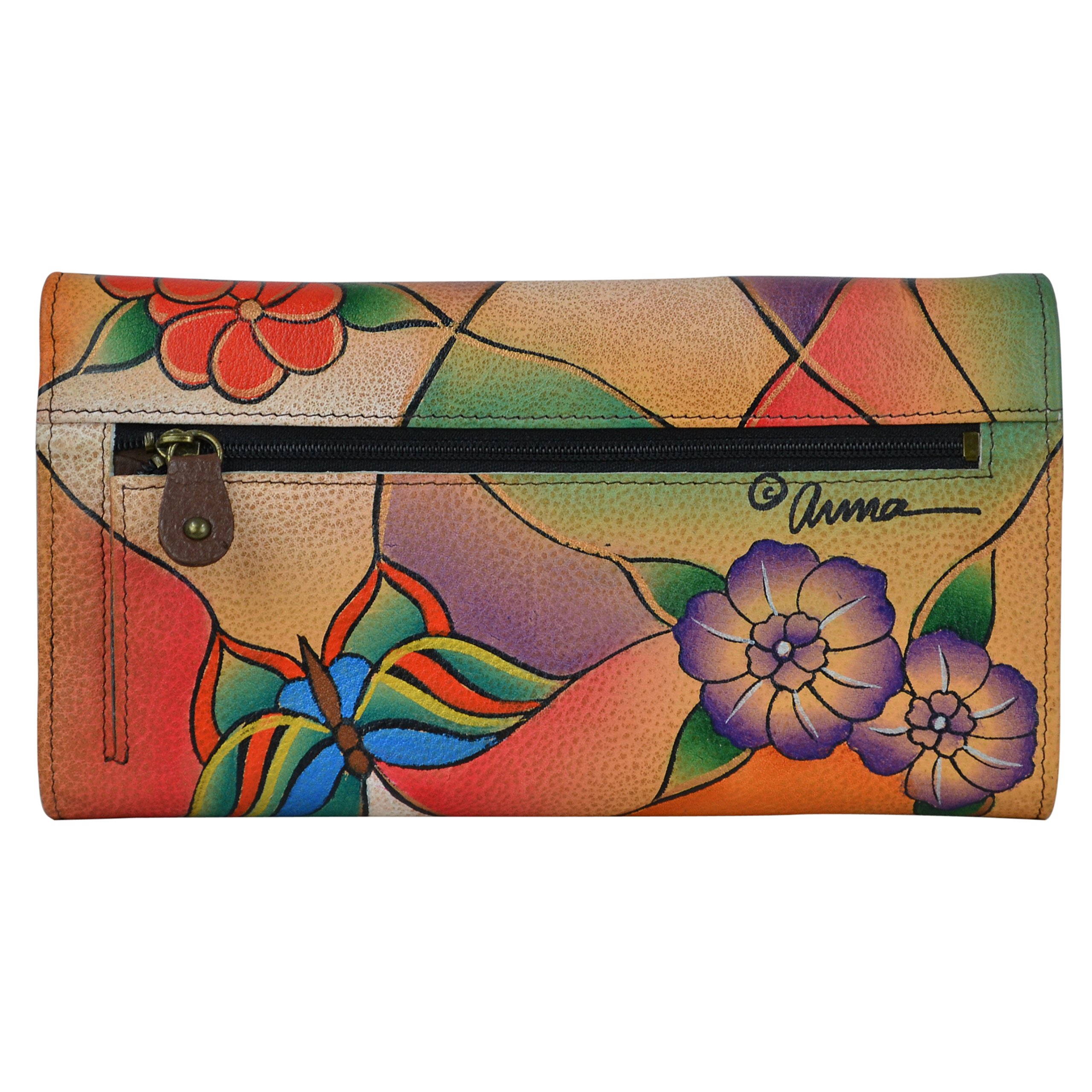Anuschka Hand Painted Genuine Leather Women's Wallet with Multiple Pockets - Butterfly Glass Art Design - Perfect for Travel, Gift Giving & Everyday Use