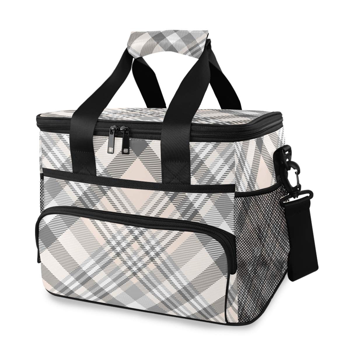 ALAZA Pink Gray White Plaid Large Insulated Cooler Lunch Bag - Waterproof Picnic Cooler for Camping, Hiking, Beach, BBQ & Outdoor Activities | Perfect for Family Outings, Work Lunches & Tailgating Parties