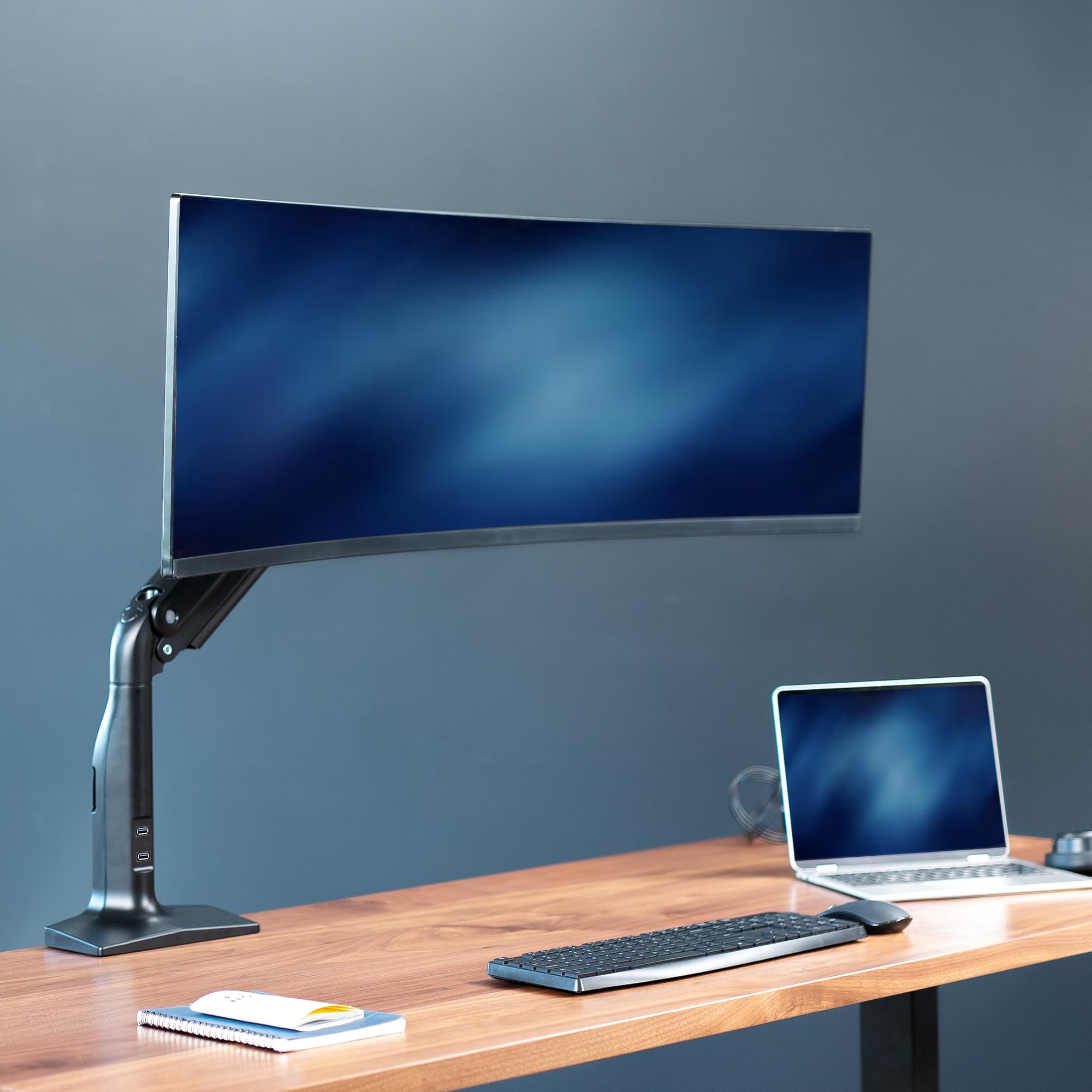 VIVO Aluminum Single Monitor Arm Stand for 13-49 Inch Ultrawide Screens, Adjustable Pneumatic Articulating Mount with USB Ports, Clamp-on Desk Stand, Max VESA 200x100 (Black) - Perfect for Home Office, Gaming Setup & Workspace Ergonomics