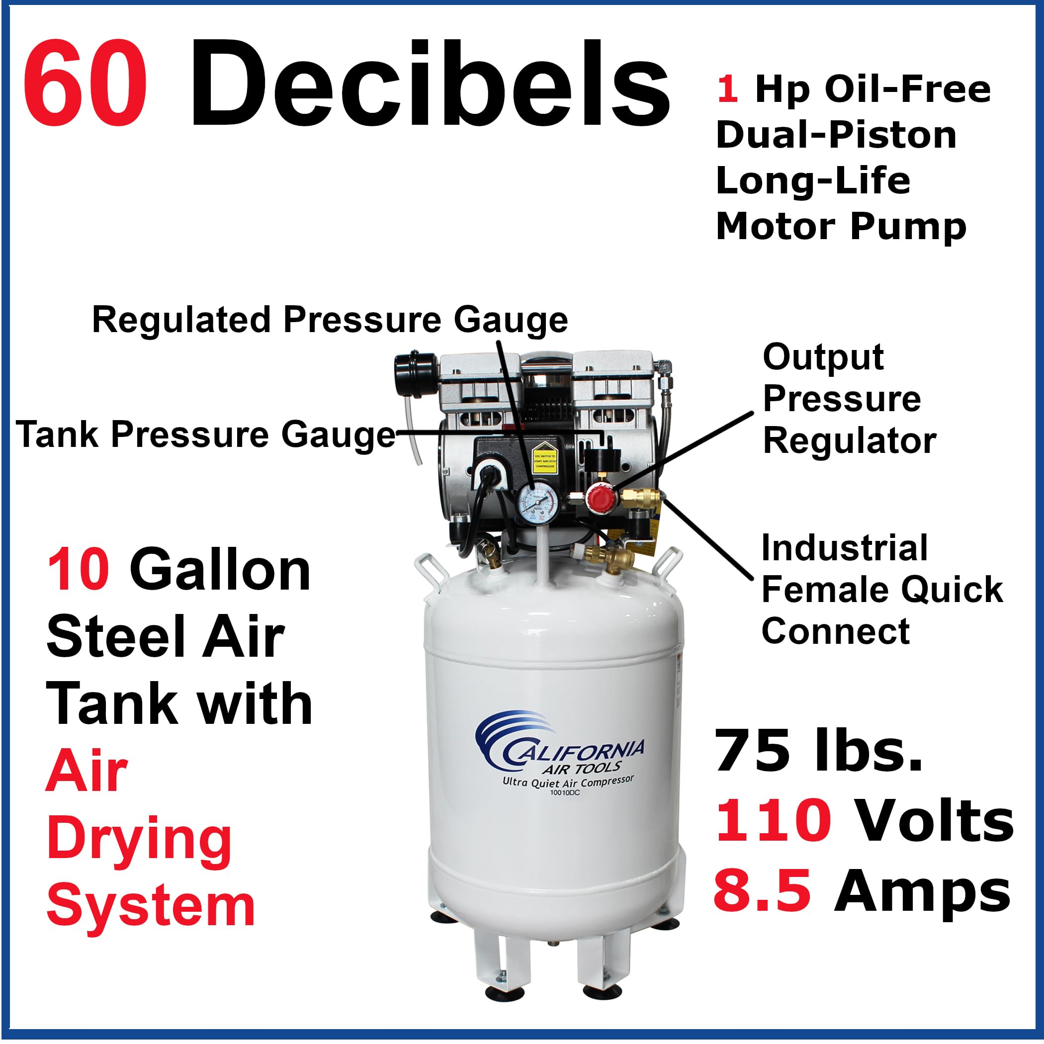 California Air Tools 10010DC Ultra Quiet & Oil-Free 1.0 HP 10-Gallon Steel Tank Air Compressor with Air Drying System - White | Perfect for Home Workshops, DIY Projects & Professional Use