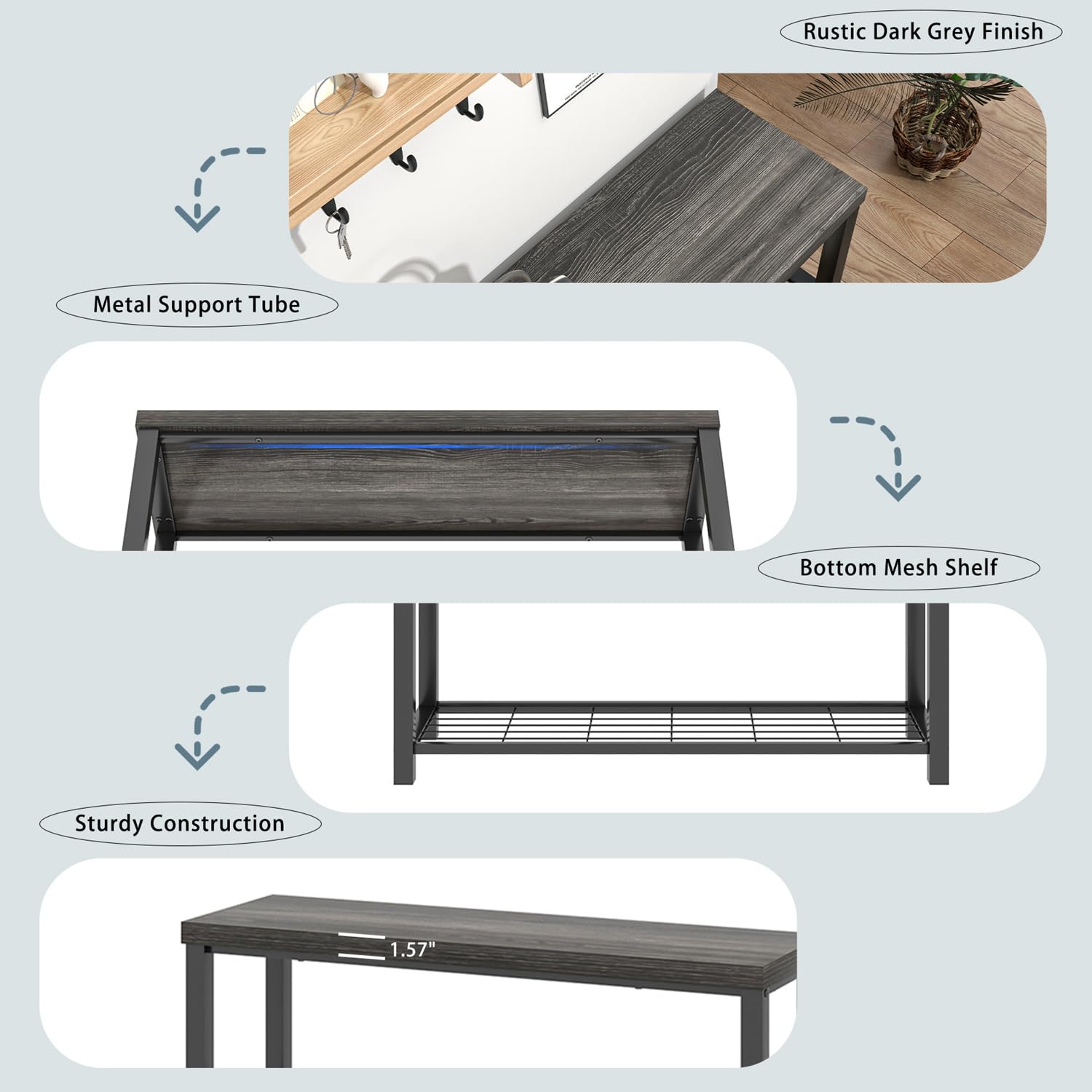 FOLUBAN 43 Inch Industrial Shoe Storage Bench - Rustic Entryway Hallway Organizer with Seat, Modern Shoe Rack for Living Room Bedroom (Dark Gray) - Perfect for Small Spaces & Mudroom Organization