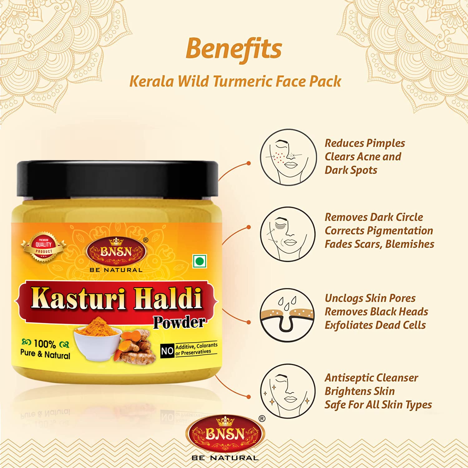 BNSN Kasturi Haldi Powder - 100% Pure & Natural Wild Turmeric Powder for Skin Whitening & Face Care (100Gm) | Organic Kasthuri Manjal for Brightening, Acne Treatment & Glowing Skin | Perfect for DIY Face Masks, Ayurvedic Remedies & Beauty Routines