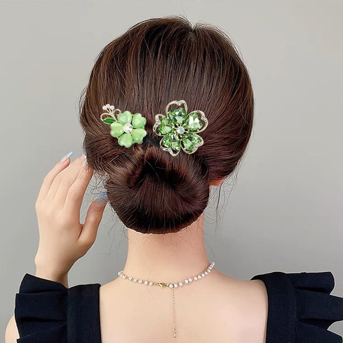 1 Piece Green Rhinestone Lazy Hair Curler Bun Maker - Perfect Hair Bun Tool for Women, Floral Hair Style Accessories, Twist Bun Clips for Party & Wedding (Green Floral) - Great for Special Occasions, Prom, Bridal & Everyday Hairstyling