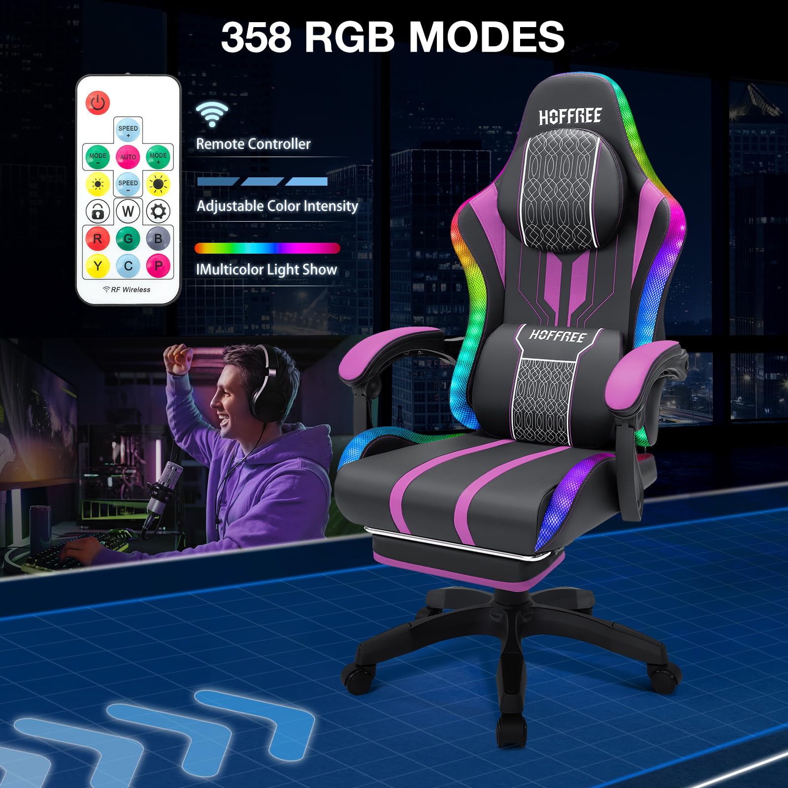 HOFFREE LED Gaming Chair with Massage & Speakers - Big and Tall Ergonomic Video Game Chair for Adults, 400lbs Capacity, Reclining High Back Office Computer Desk Chair with Footrest - Purple & Black - Perfect for Gaming, Streaming, and Home Office Workspace