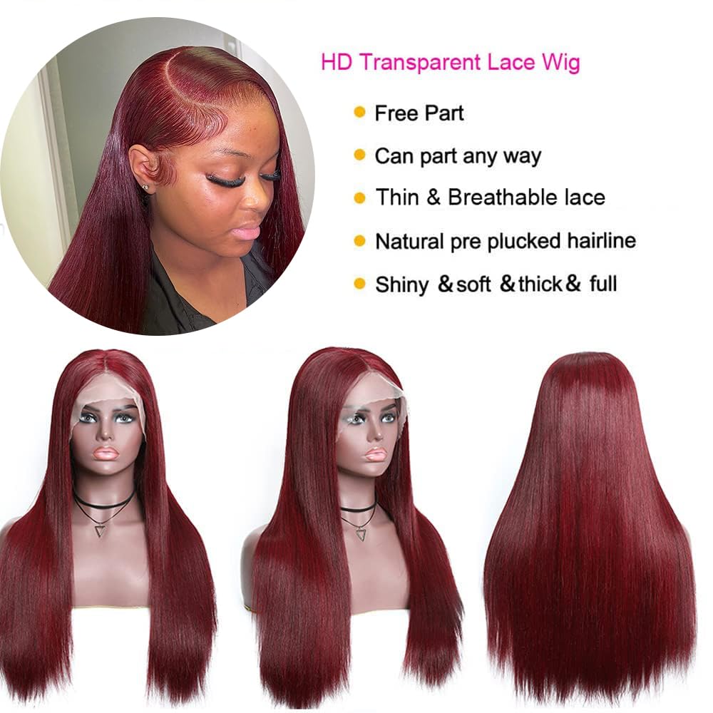 99J Burgundy Lace Front Wigs Human Hair 13x4 Straight Lace Frontal Wigs - Pre Plucked Wine Red Colored 30 Inch 180% Density Wigs for Women | Perfect for Parties, Weddings, Cosplay & Daily Wear