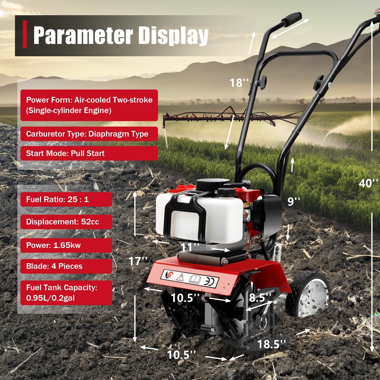 2HP 52CC 2-Stroke Gasoline Garden Tiller Cultivator - Mini Rototiller for Soil Tilling, Weeding & Aeration | Perfect for Home Gardens, Yards & Small Farms | Durable Rotary Hoe for Efficient Land Preparation