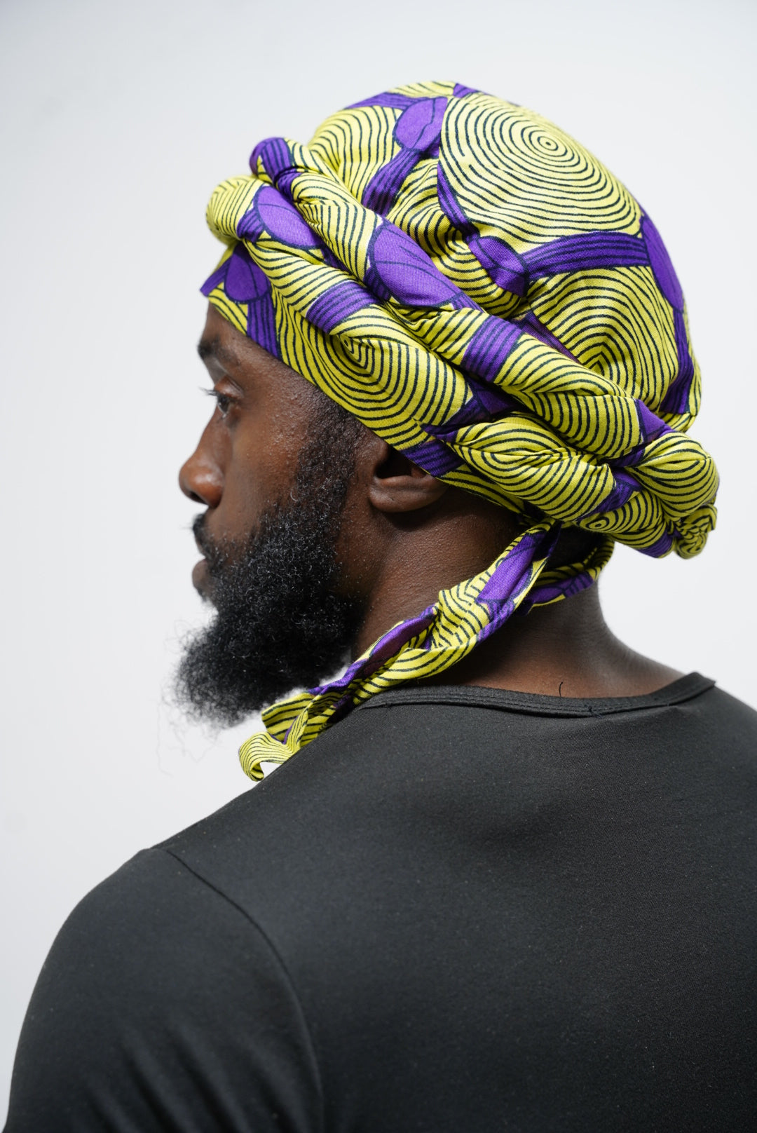 Dupsie's Pre-Wrapped Okiki Purple and Yellow African Print Turban DPH3775PT - Stylish Headwrap for Women, Perfect for Church, Weddings & Cultural Events