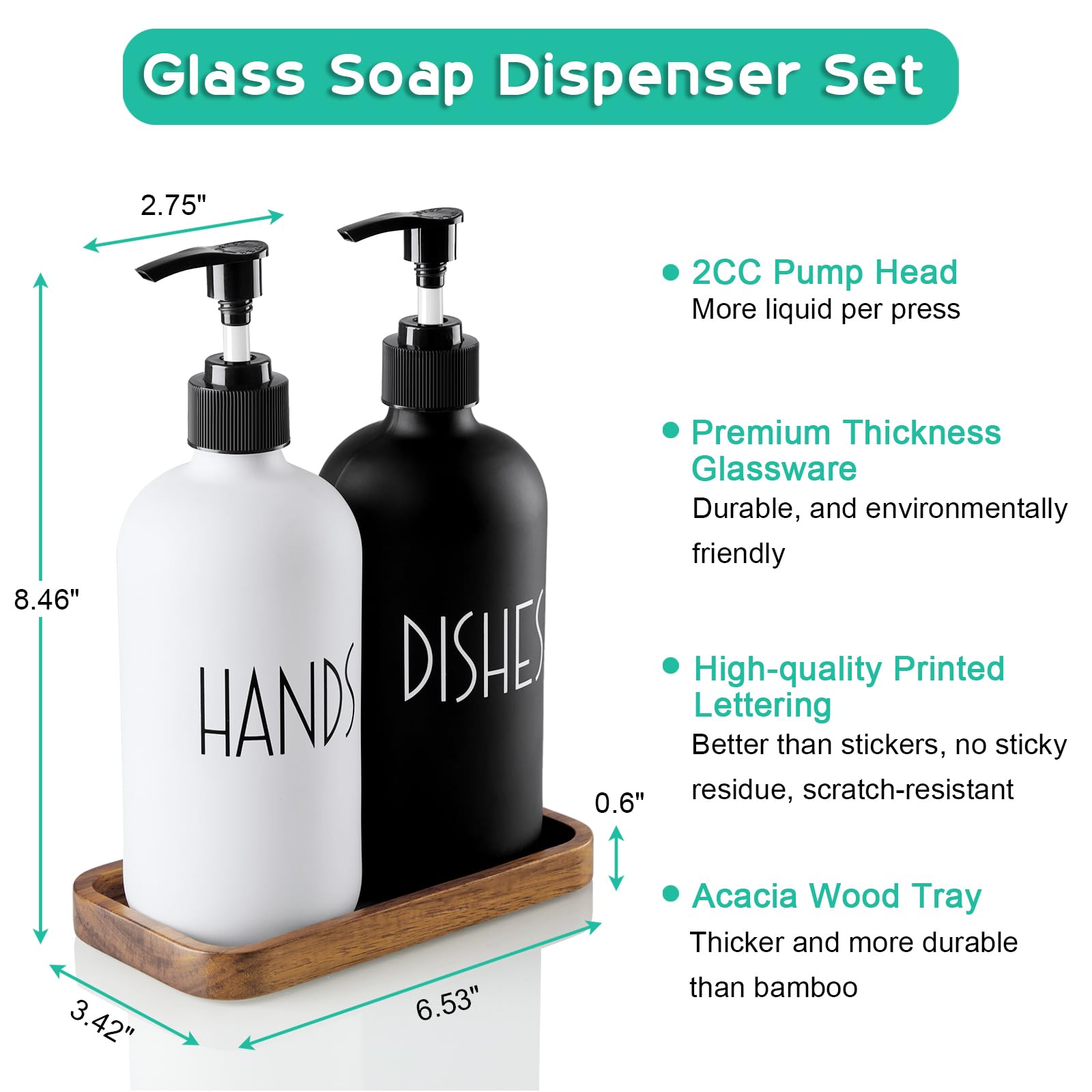 ALELION 16oz Glass Soap Dispenser with Acacia Wood Tray - Modern Farmhouse Kitchen & Bathroom Hand Soap Pump - Black & White Home Decor for Sink Countertop - Perfect for Kitchen, Bath, Laundry Room & Guest Washroom
