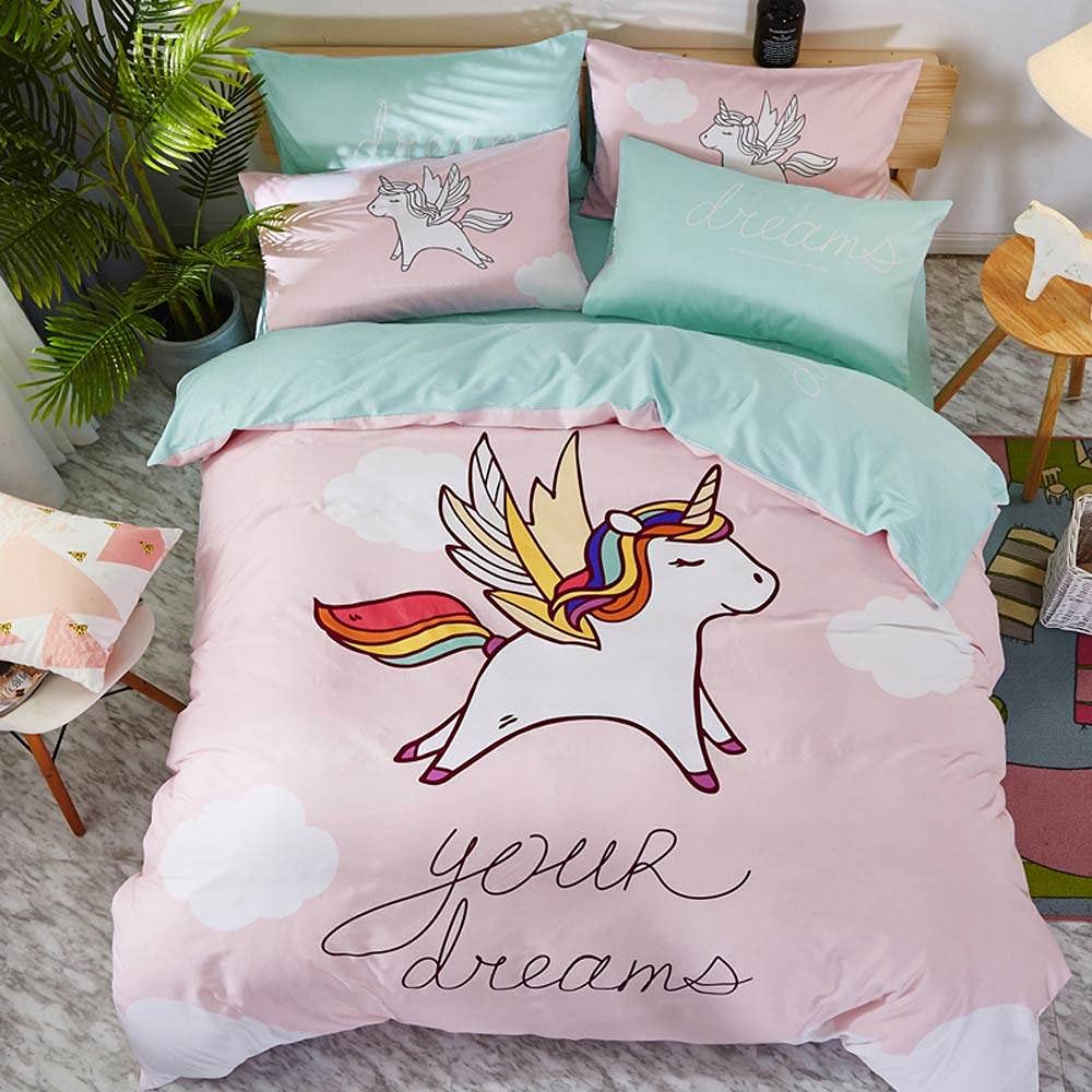 **Cartoon Unicorn Duvet Cover Set for Kids & Teens - Pink Reversible Comforter Set King/Queen/Twin Size - Soft Bedding Set for Boys & Girls - Perfect for Kids' Bedrooms, Sleepovers & Cozy Nights**