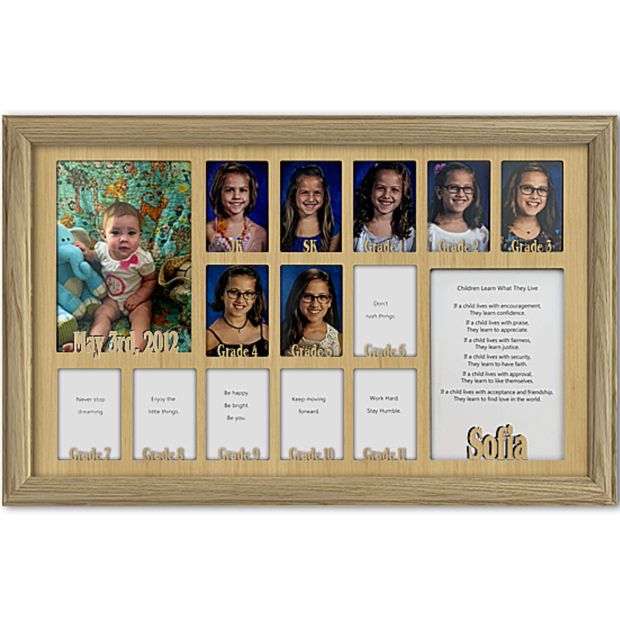 Personalized Northland School-Years Picture Frame - Holds Twelve 2.5x3.5 & 5x7 Photos - Custom Name Engraved - Unfinished Oak Frame 12x20 - Perfect for JK/SK to Graduation Memories & Nursery Decor