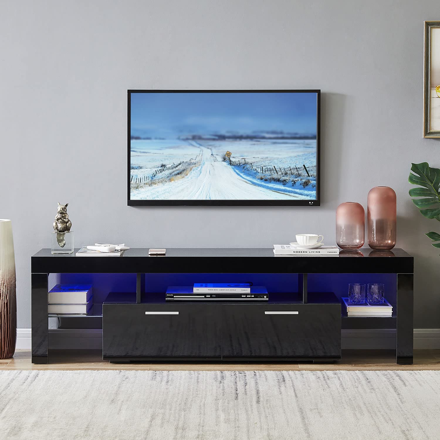 Upgrade LED TV Stand for 65 Inch TVs - 20 Minute Quick Assembly Black Entertainment Center with Storage Cabinet & LED Lights - High Gloss Media Console Table for Living Room - Perfect for Movie Nights & Gaming Setup