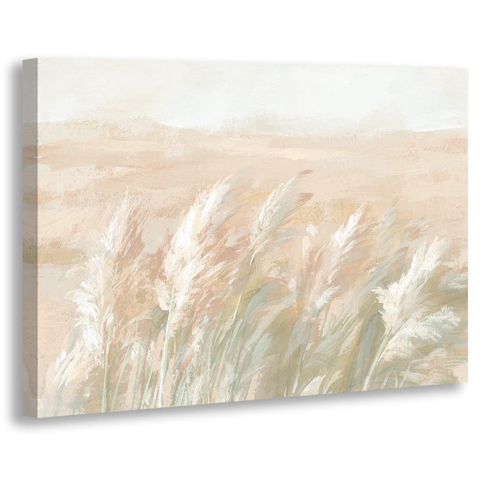 Pampas Grass Wall Art - Boho Farmhouse Canvas Print, Pink Reeds Oil Painting Decor for Living Room & Bathroom (24x16 Inches) | Modern Home Decor, Bedroom Aesthetic, Office Wall Art