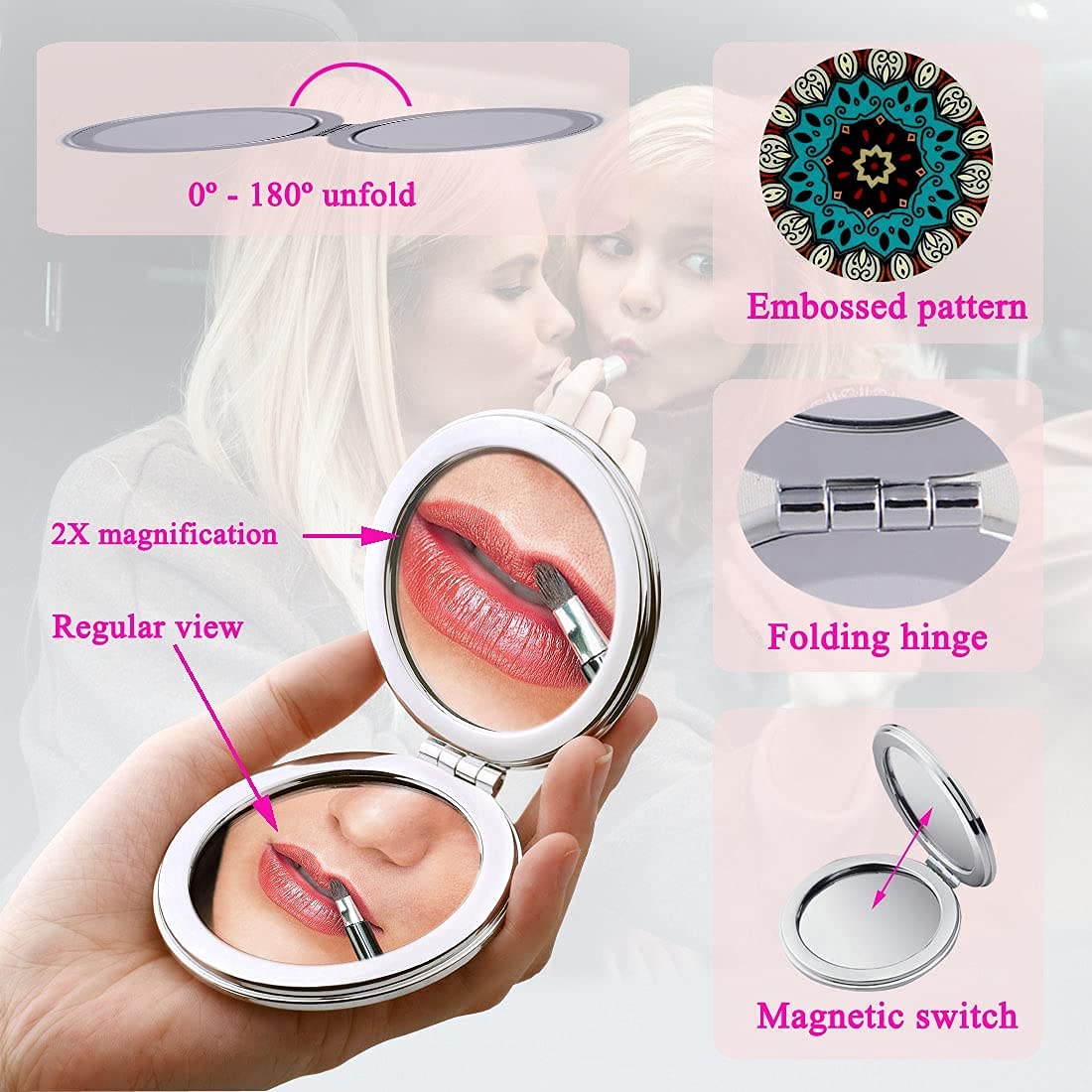 Anirdesh PU Leather Compact Makeup Mirror for Women - Small Round Travel Mirror with Magnifying Glass, Folding Design for Purse, Cosmetic Bag & On-the-Go Touch Ups - Perfect Gift for Her
