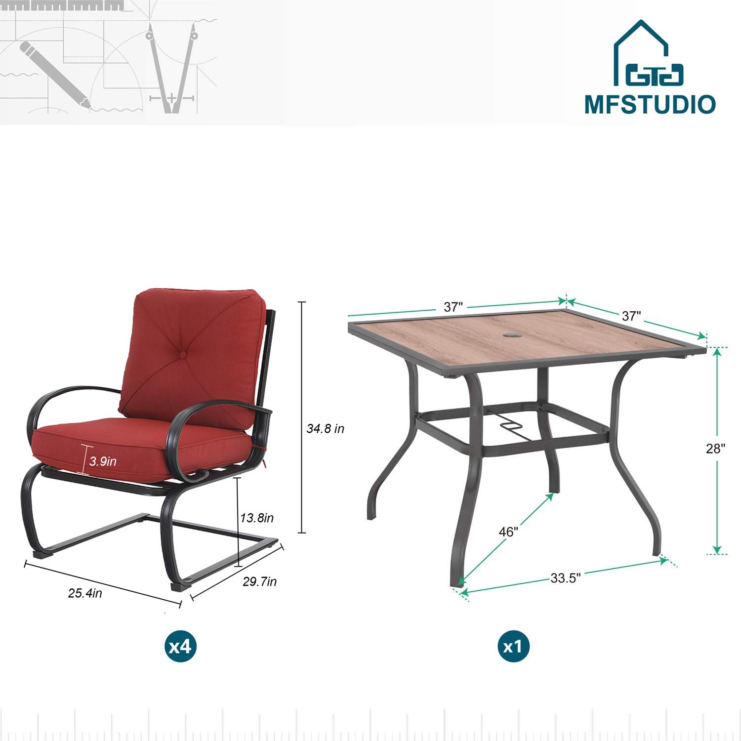 MFSTUDIO 4-Piece Outdoor Patio Dining Set - Square Wooden Bistro Table with 1.57